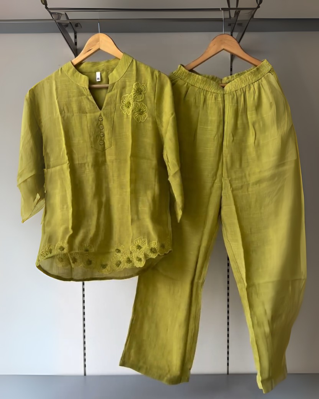 Flora Mustard Green Set – Embroidered Cotton Co-ord