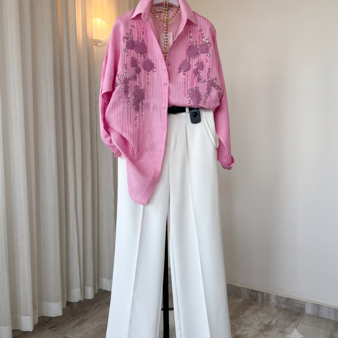 Amaira - Pink Embellished Striped Shirt Wide Leg Co-Ord