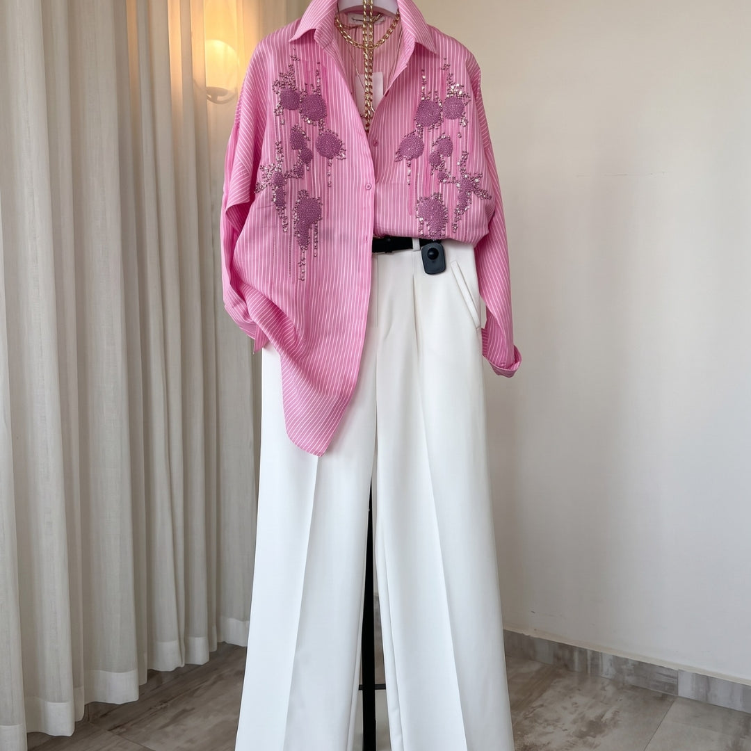 Amaira - Pink Embellished Striped Shirt Wide Leg Co-Ord