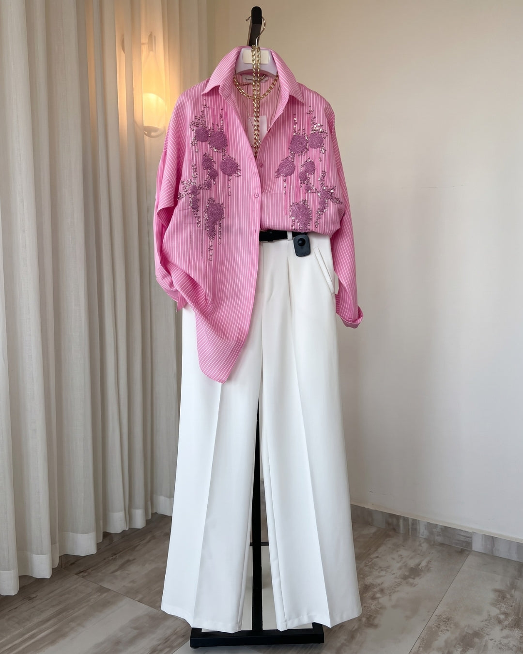 Amaira - Pink Embellished Striped Shirt Wide Leg Co-Ord