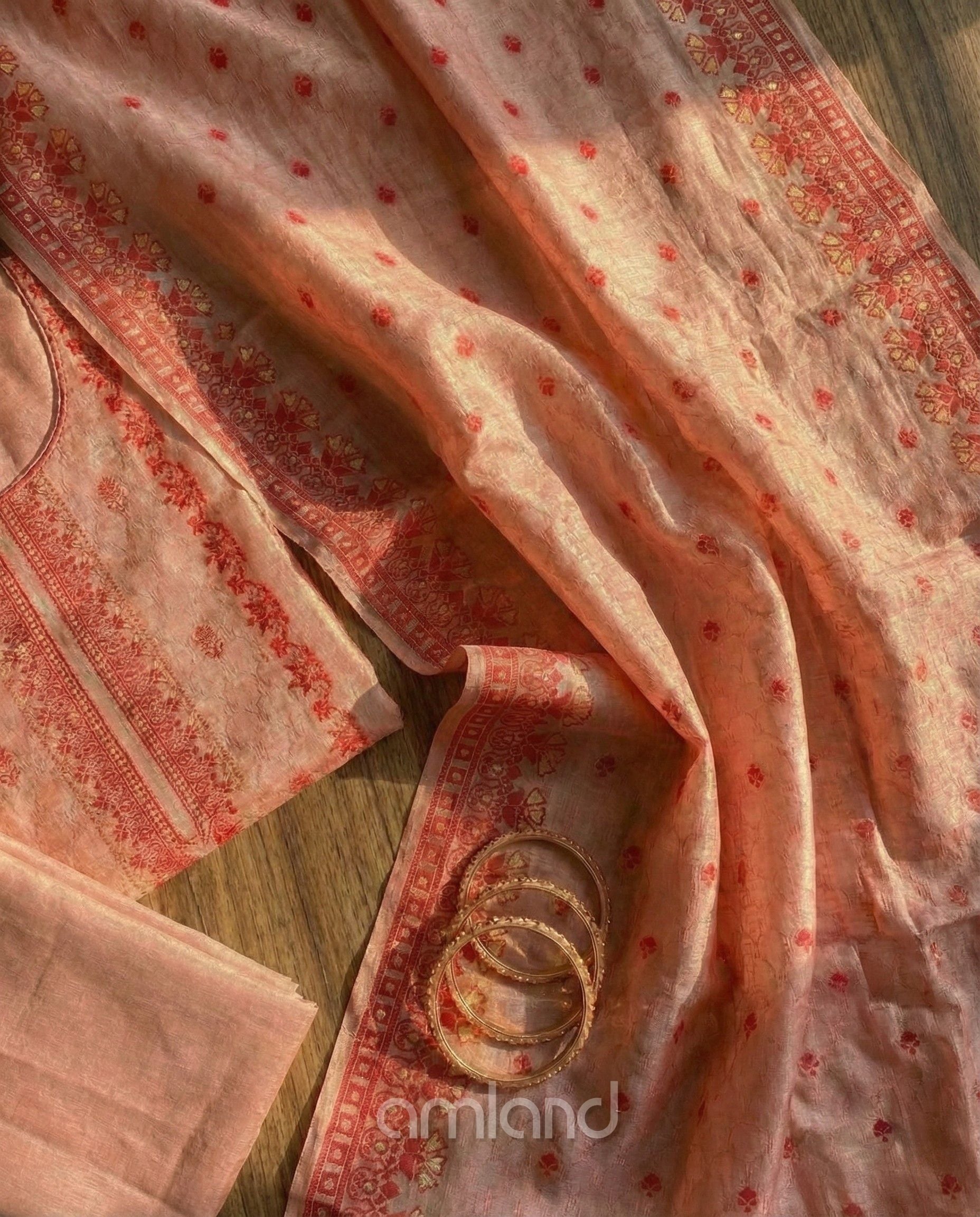 Peach Banarasi Jacquard Zari Work Unstitched Suit