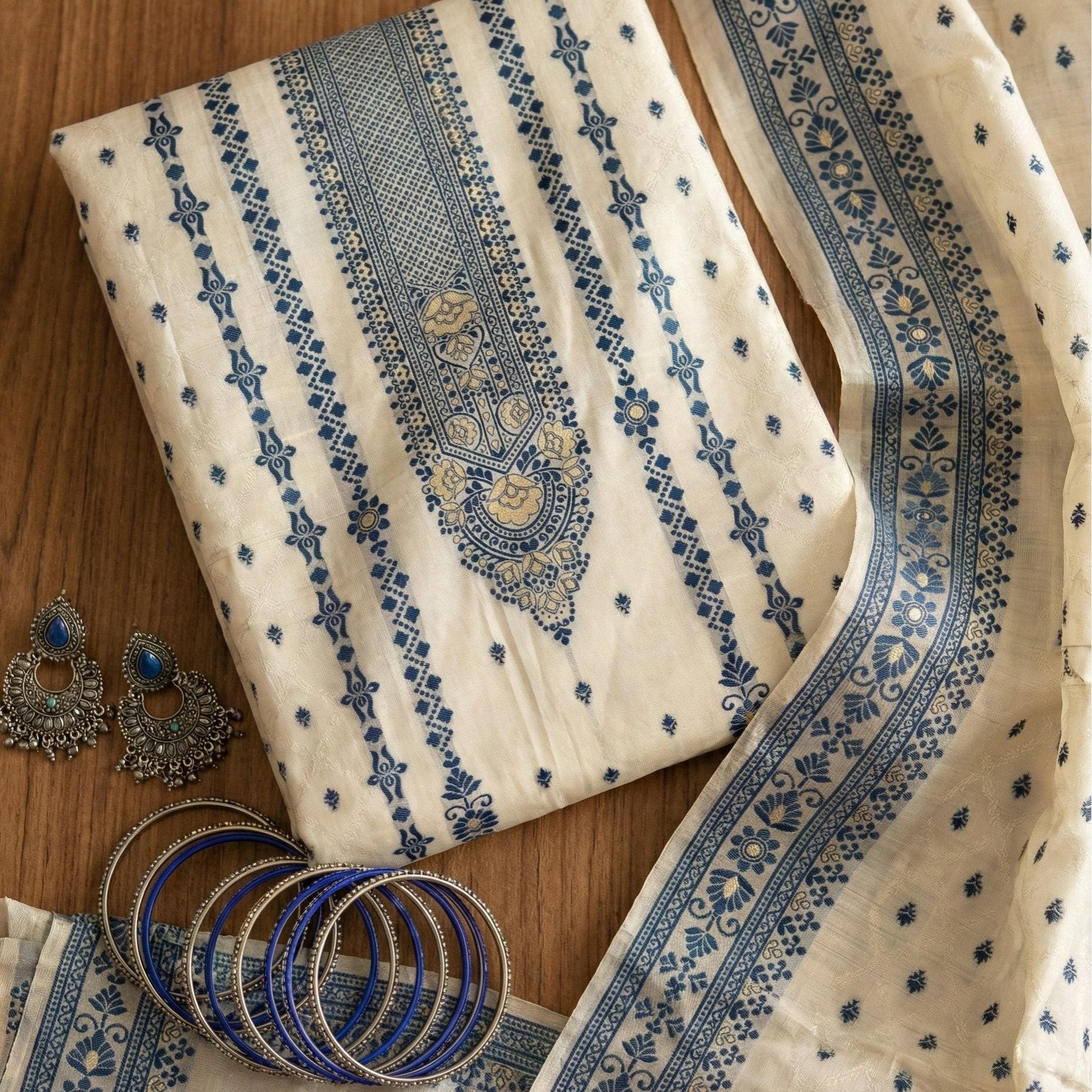 Ivory Indigo Cotton Jacquard Zari Unstitched Suit Set Heritage Elegance