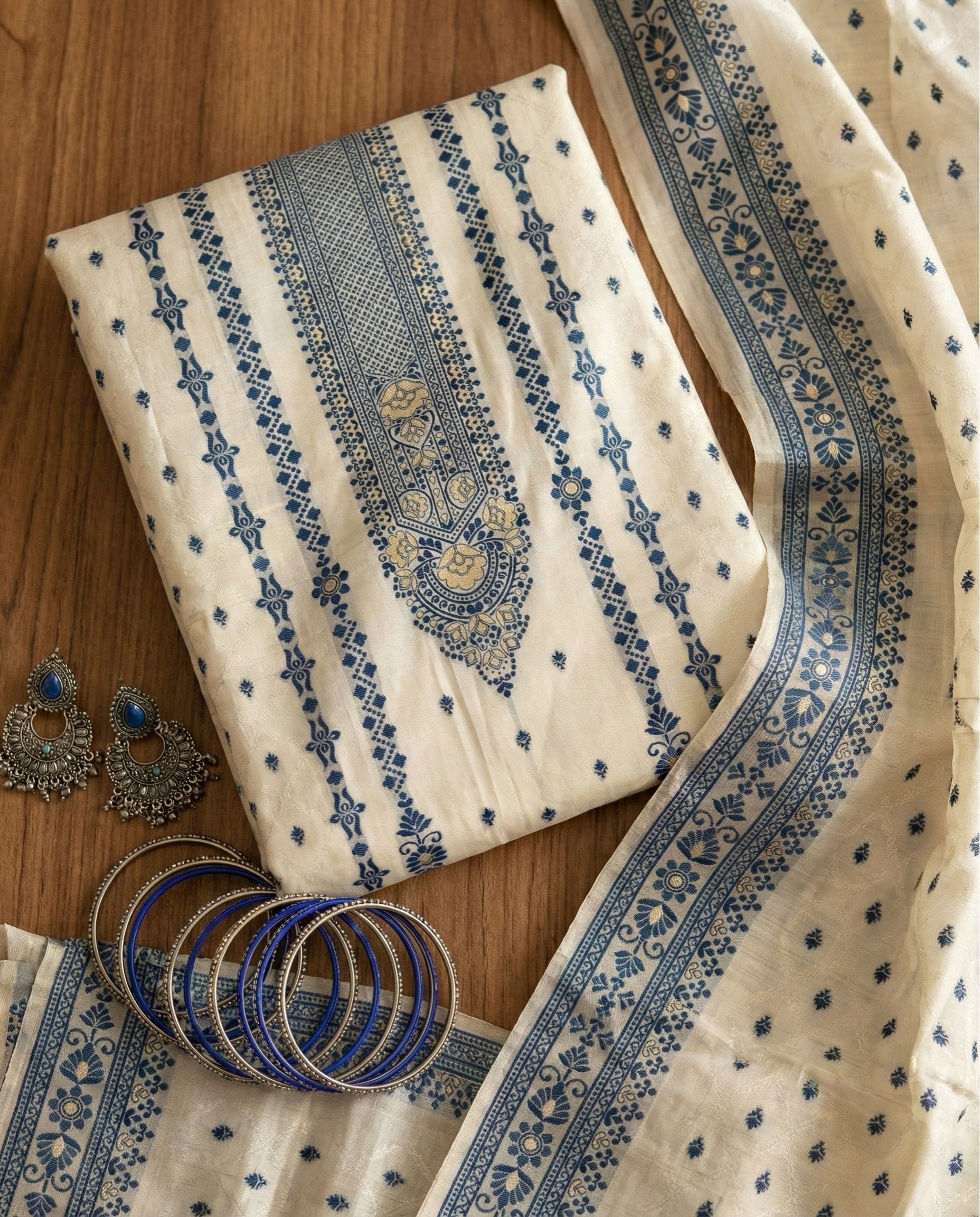 Ivory Indigo Cotton Jacquard Zari Unstitched Suit Set Heritage Elegance