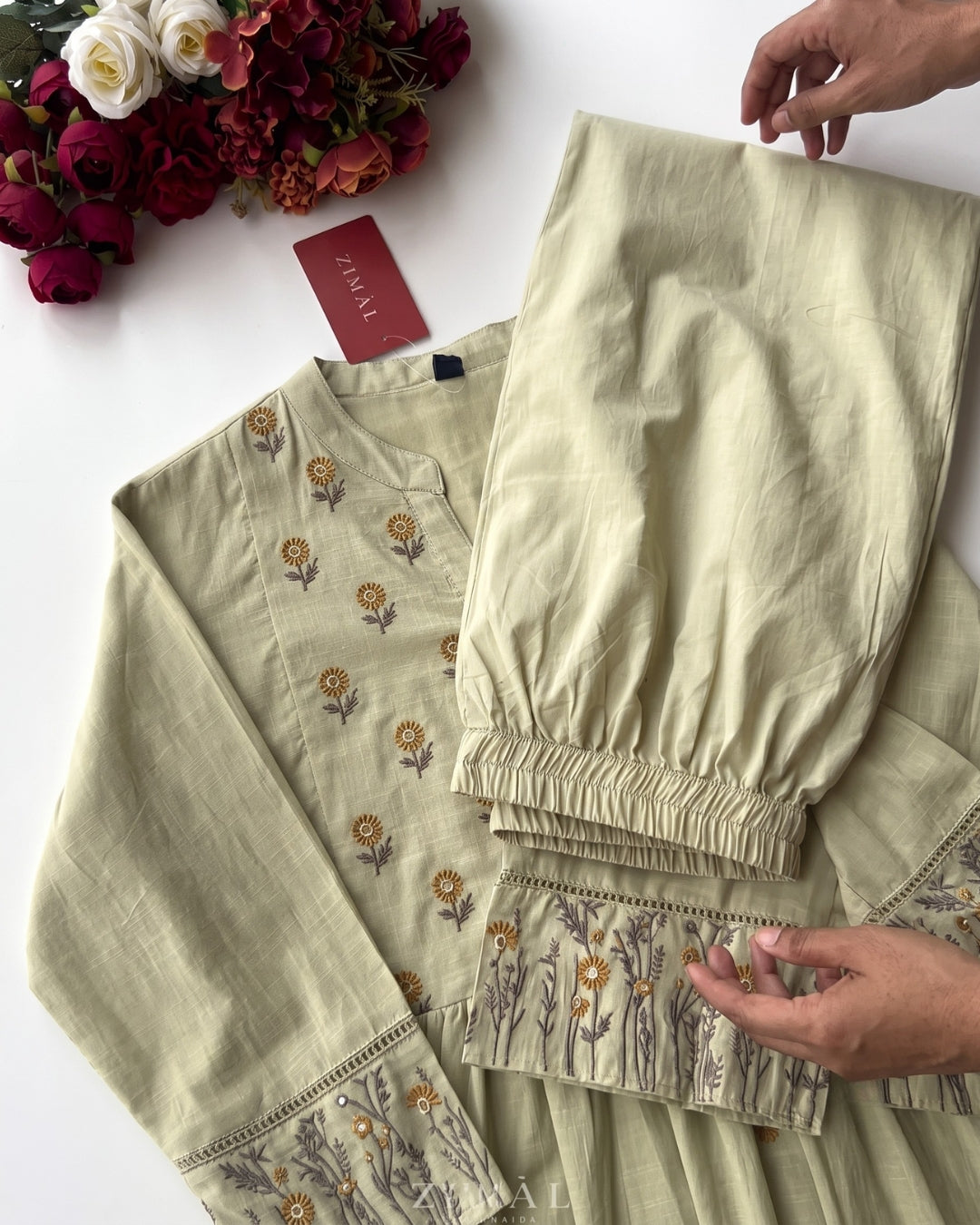 Kiara - Elegant Green Embroidered Cotton Suit Material