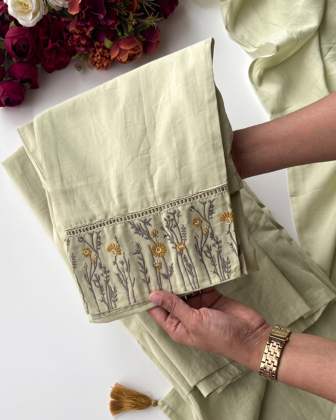 Kiara - Elegant Green Embroidered Cotton Suit Material