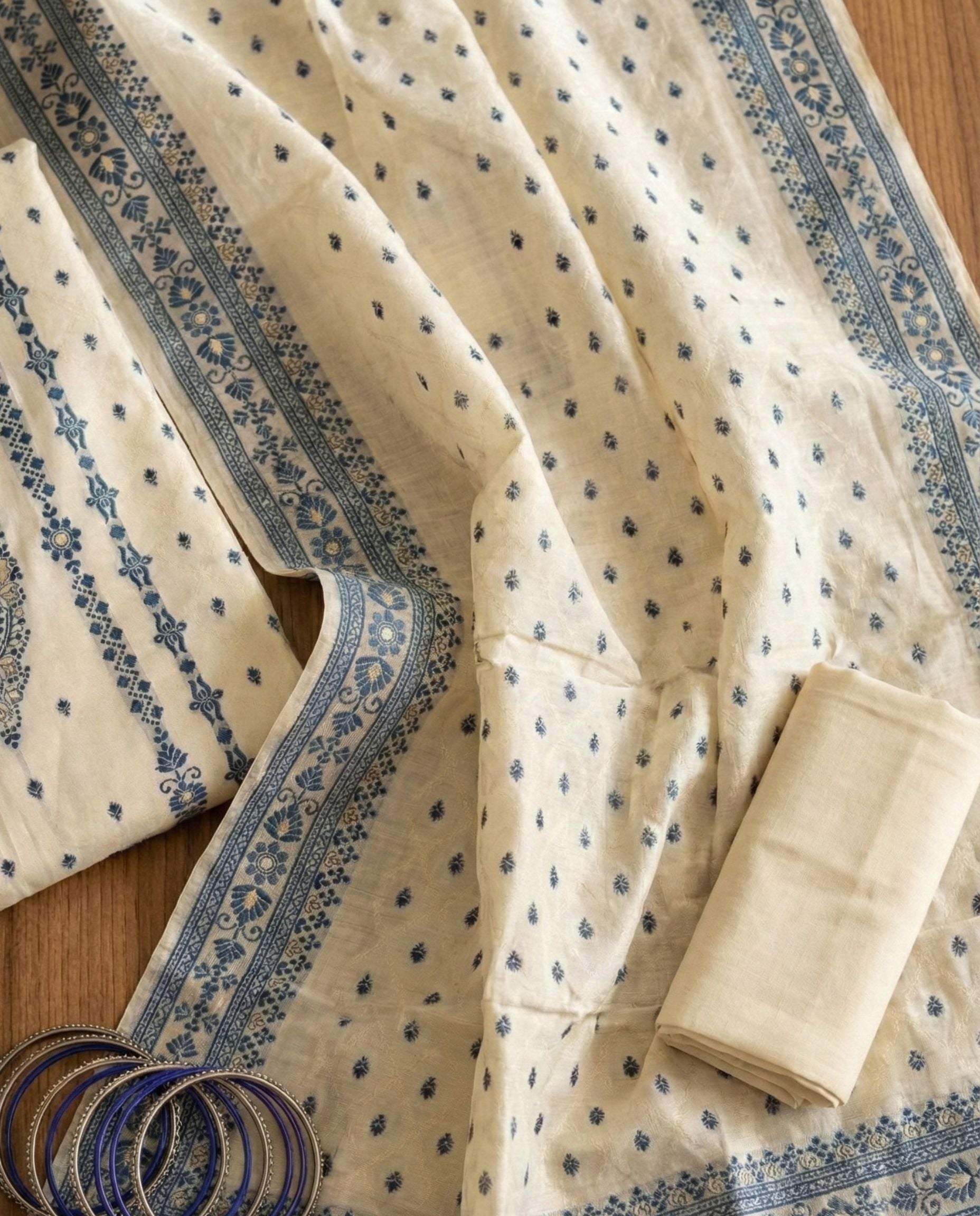 Ivory Indigo Cotton Jacquard Zari Unstitched Suit Set Heritage Elegance