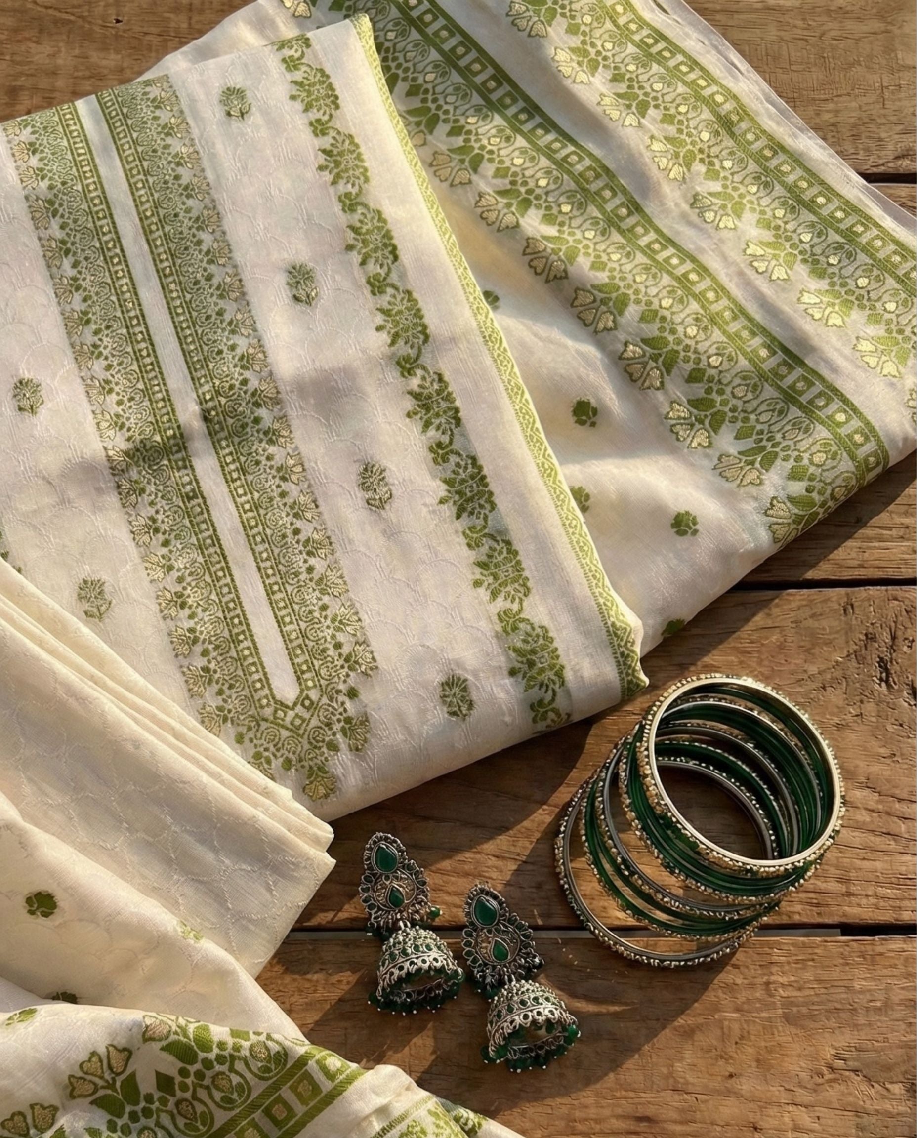 Ivory Olive Cotton Jacquard Zari Unstitched Suit Set Heritage