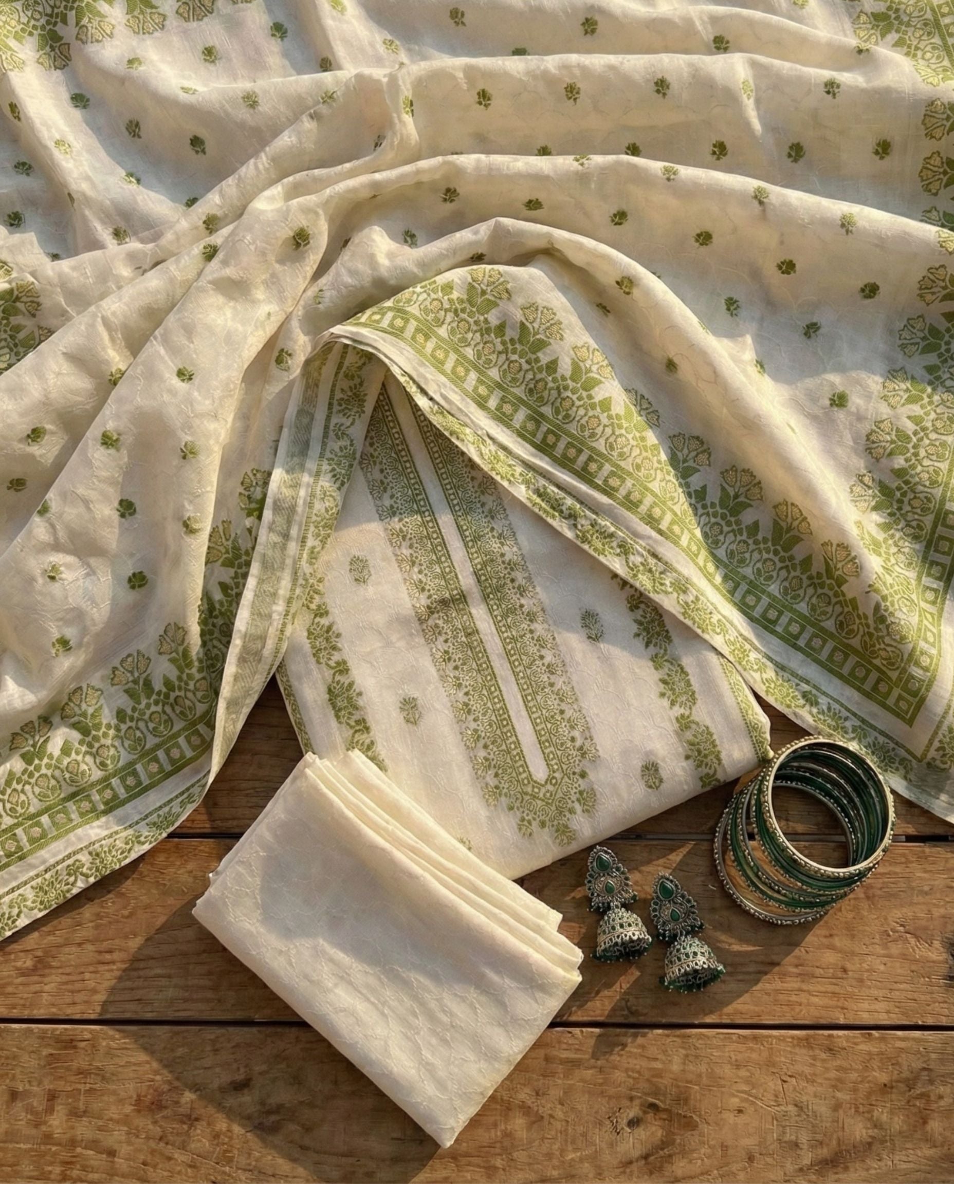 Ivory Olive Cotton Jacquard Zari Unstitched Suit Set Heritage