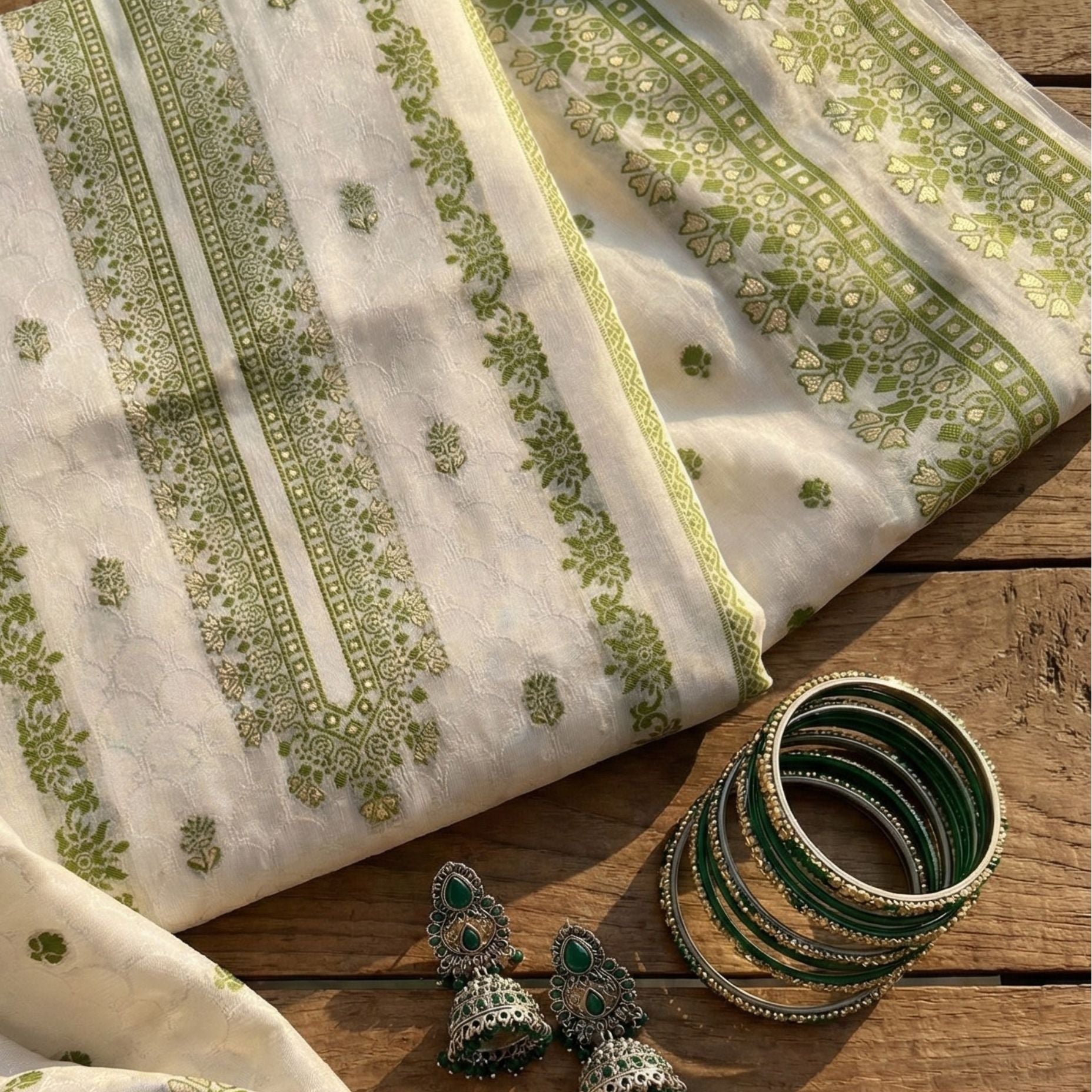 Ivory Olive Cotton Jacquard Zari Unstitched Suit Set Heritage