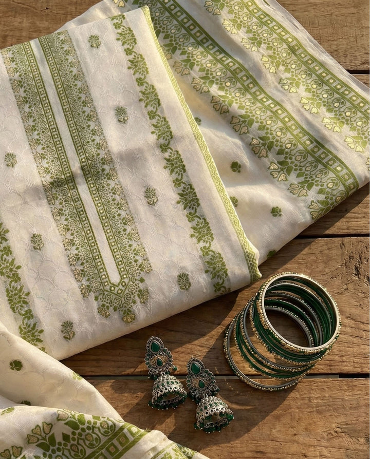 Ivory Olive Cotton Jacquard Zari Unstitched Suit Set Heritage