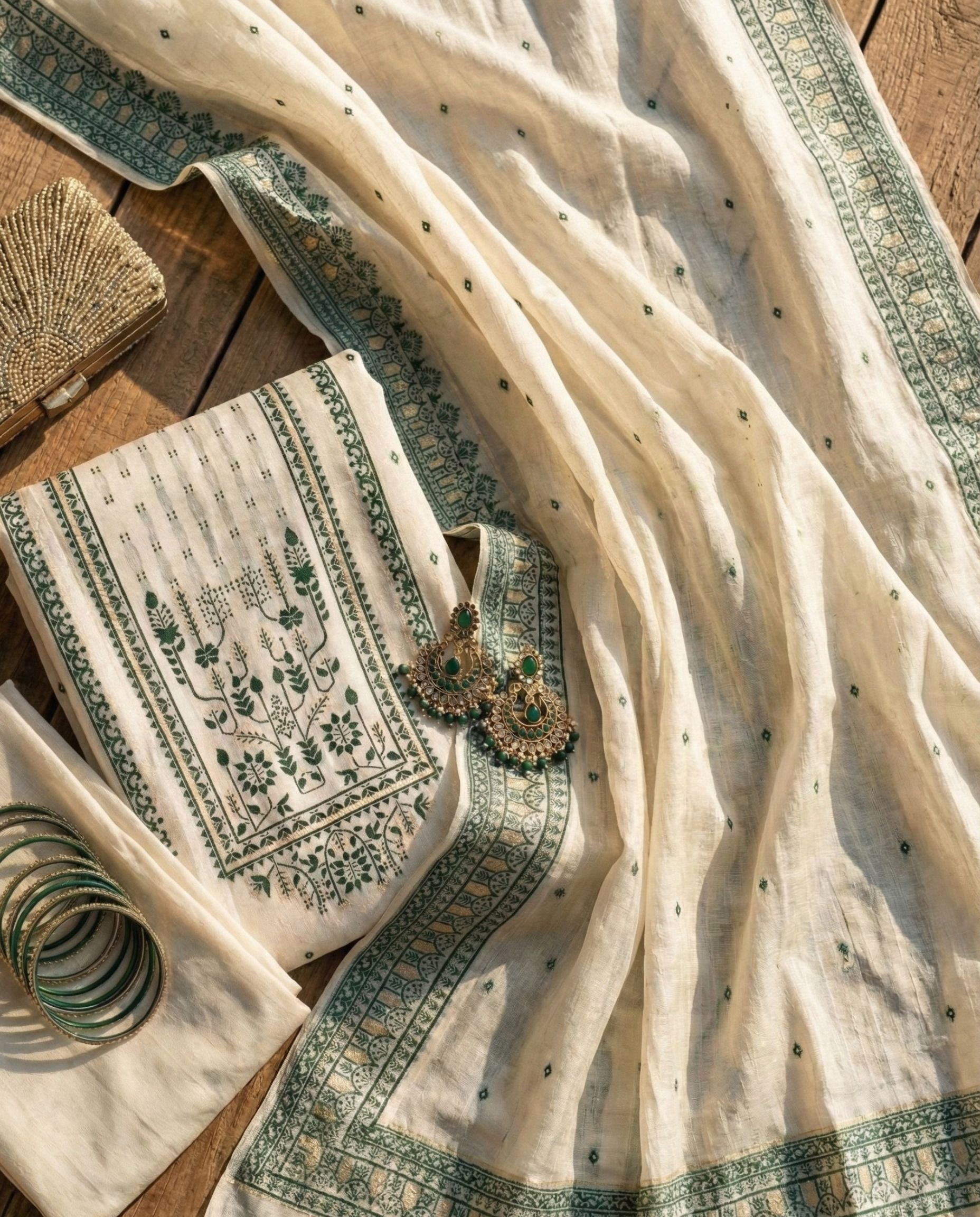 Ivory Sage Cotton Jacquard Zari Unstitched Suit Set Heritage Grace