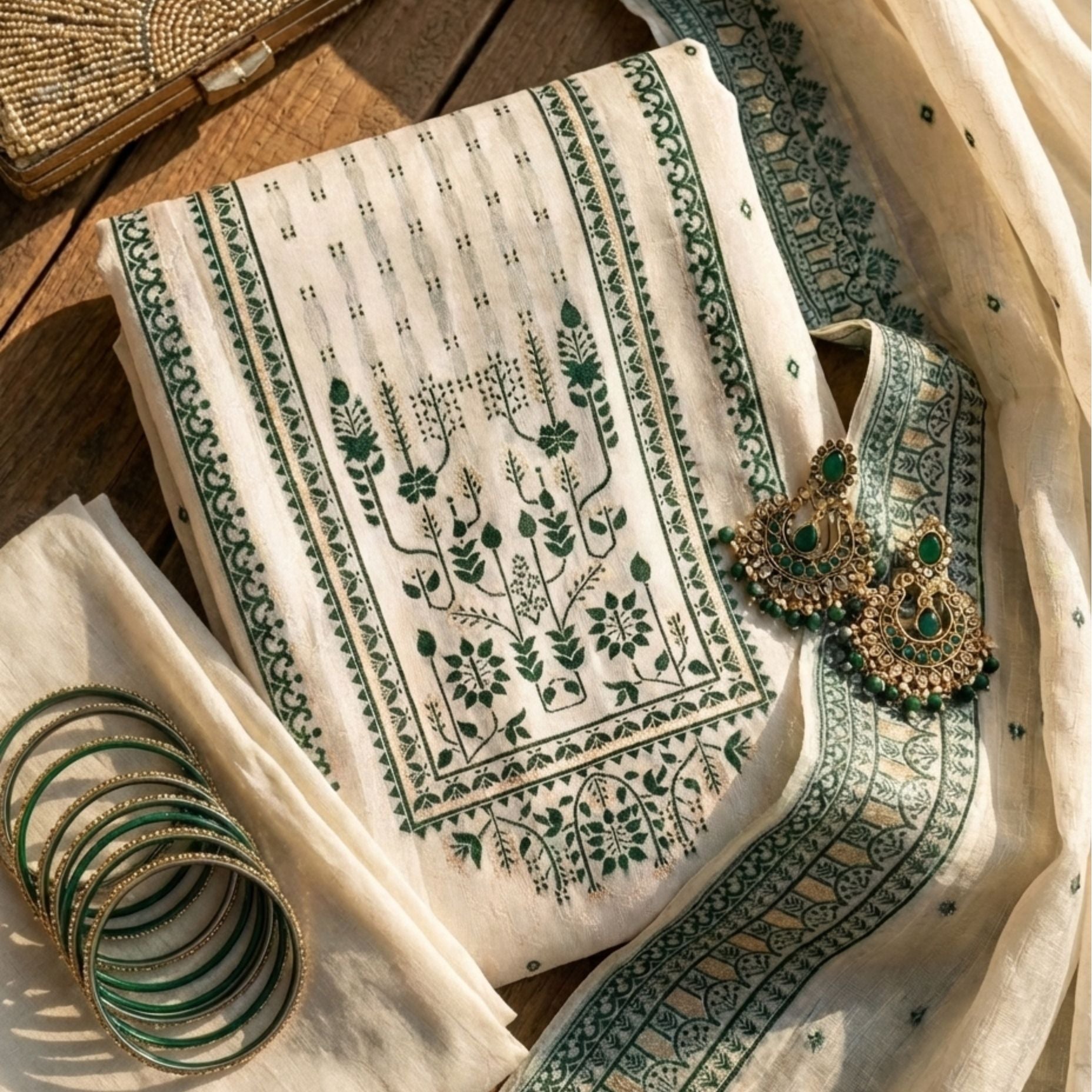 Ivory Sage Cotton Jacquard Zari Unstitched Suit Set Heritage Grace