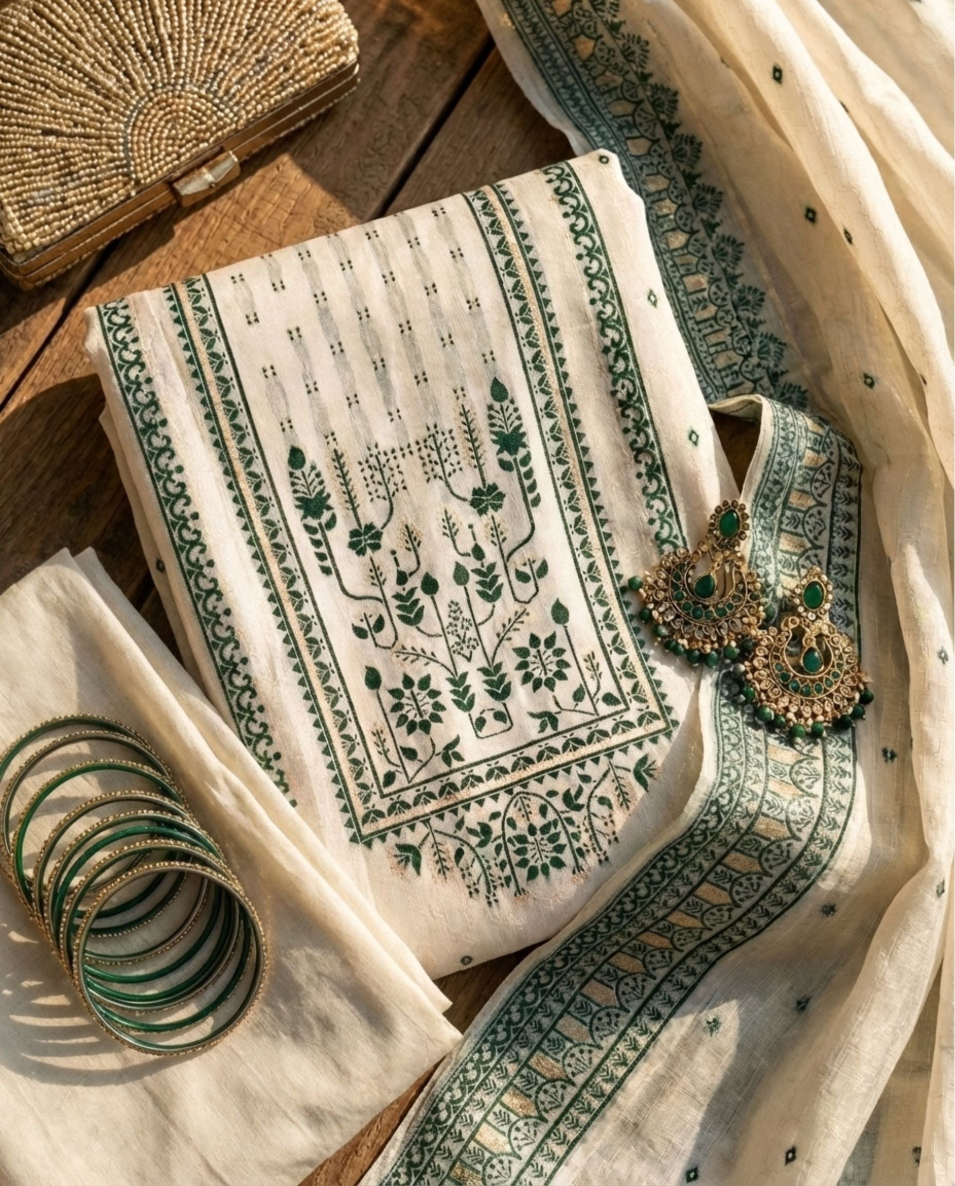Ivory Sage Cotton Jacquard Zari Unstitched Suit Set Heritage Grace