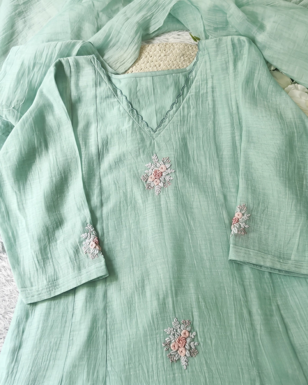 Eva - Mint Floral Embroidered Unstitched Dress Material Set