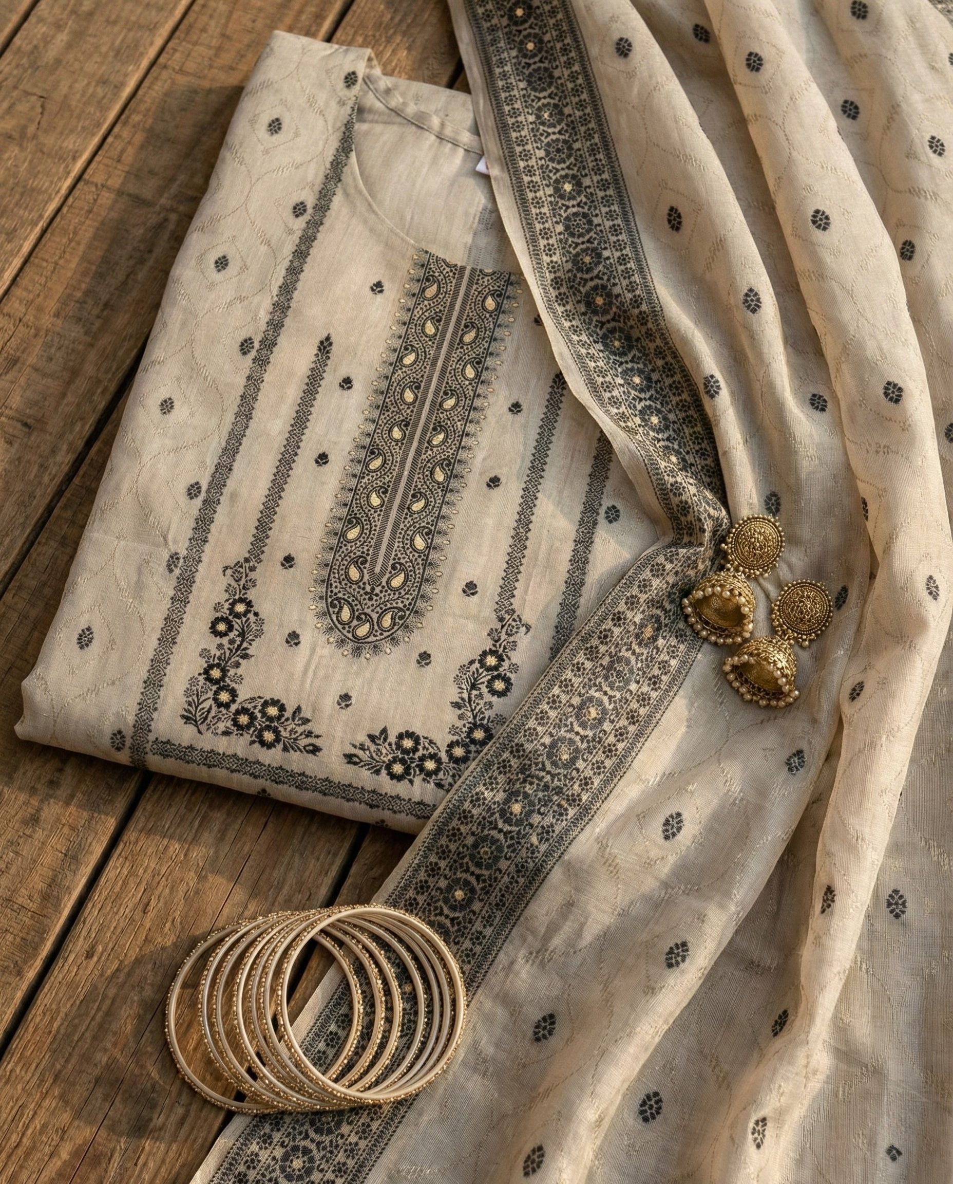 Ivory Charcoal Cotton Jacquard Zari Unstitched Suit Set Heirloom
