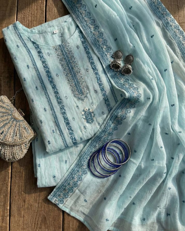 Light Blue Unstitched Cotton Jaquard Suit Set with Zari Work
