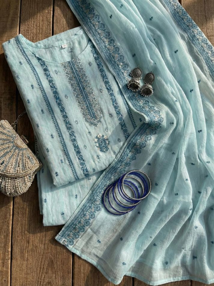 Light Blue Unstitched Cotton Jaquard Suit Set with Zari Work