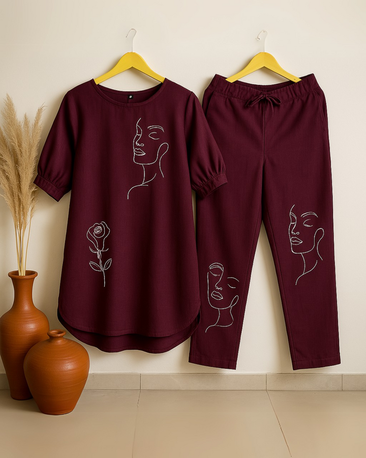Face Floral - Wine Cotton Slub Co-ord Set