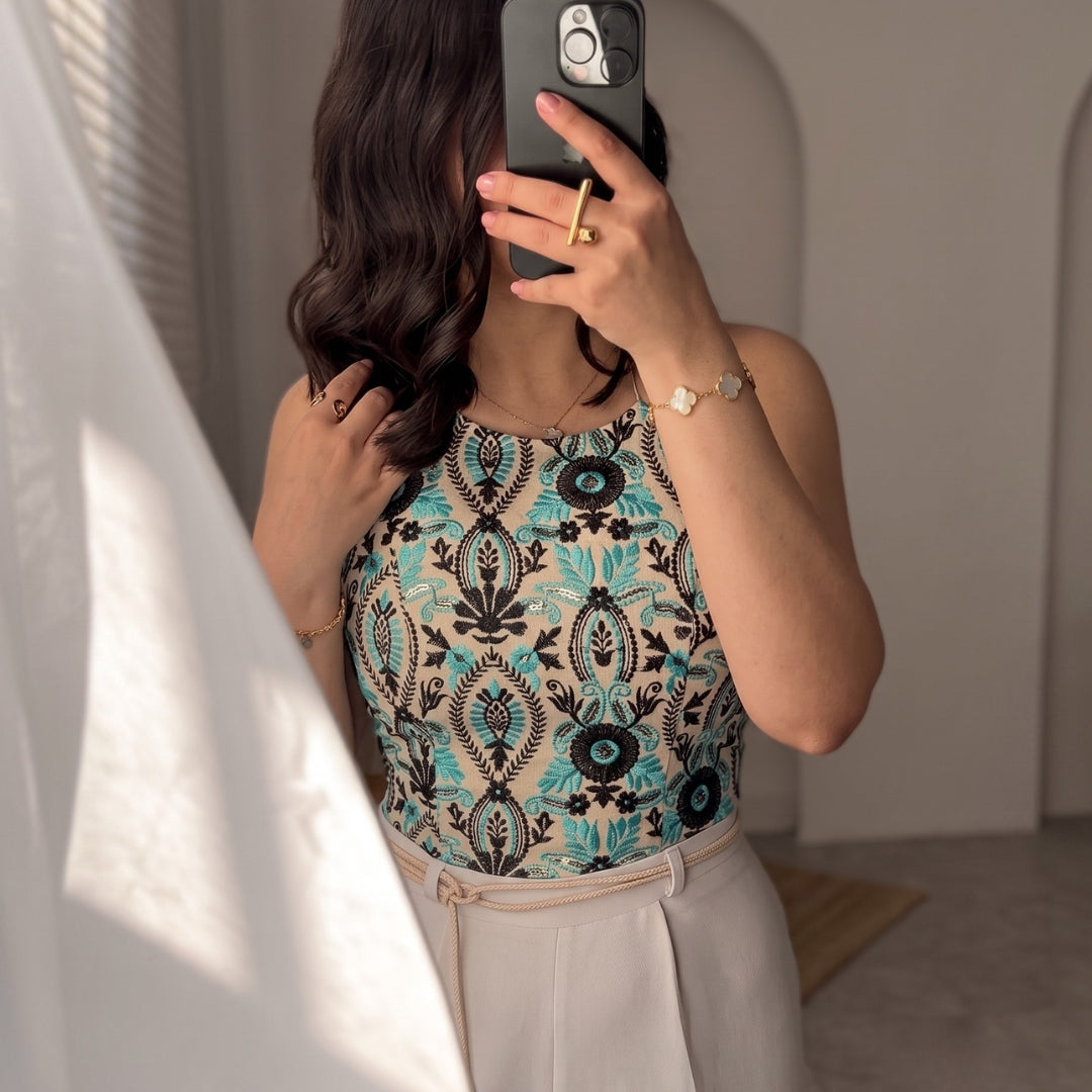 Arlina - Aqua Floral Embroidered Halter Neck Top
