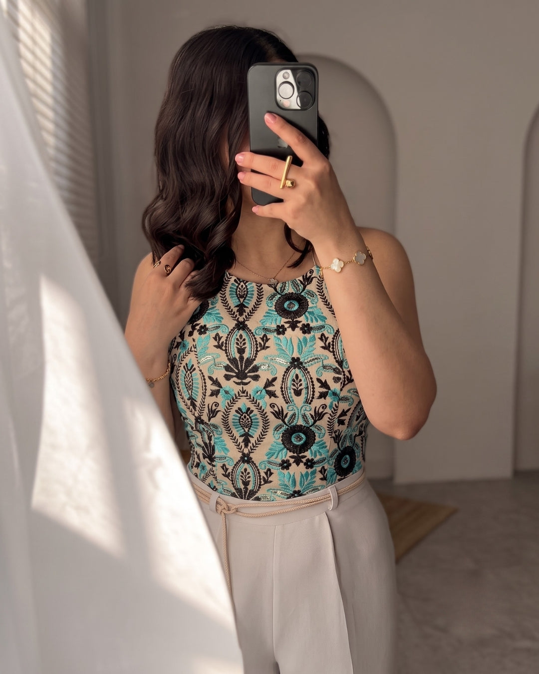 Arlina - Aqua Floral Embroidered Halter Neck Top