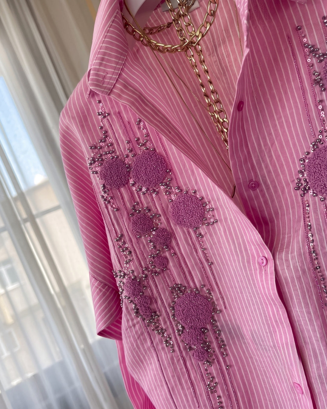 Amaira - Pink Embellished Striped Shirt Wide Leg Co-Ord