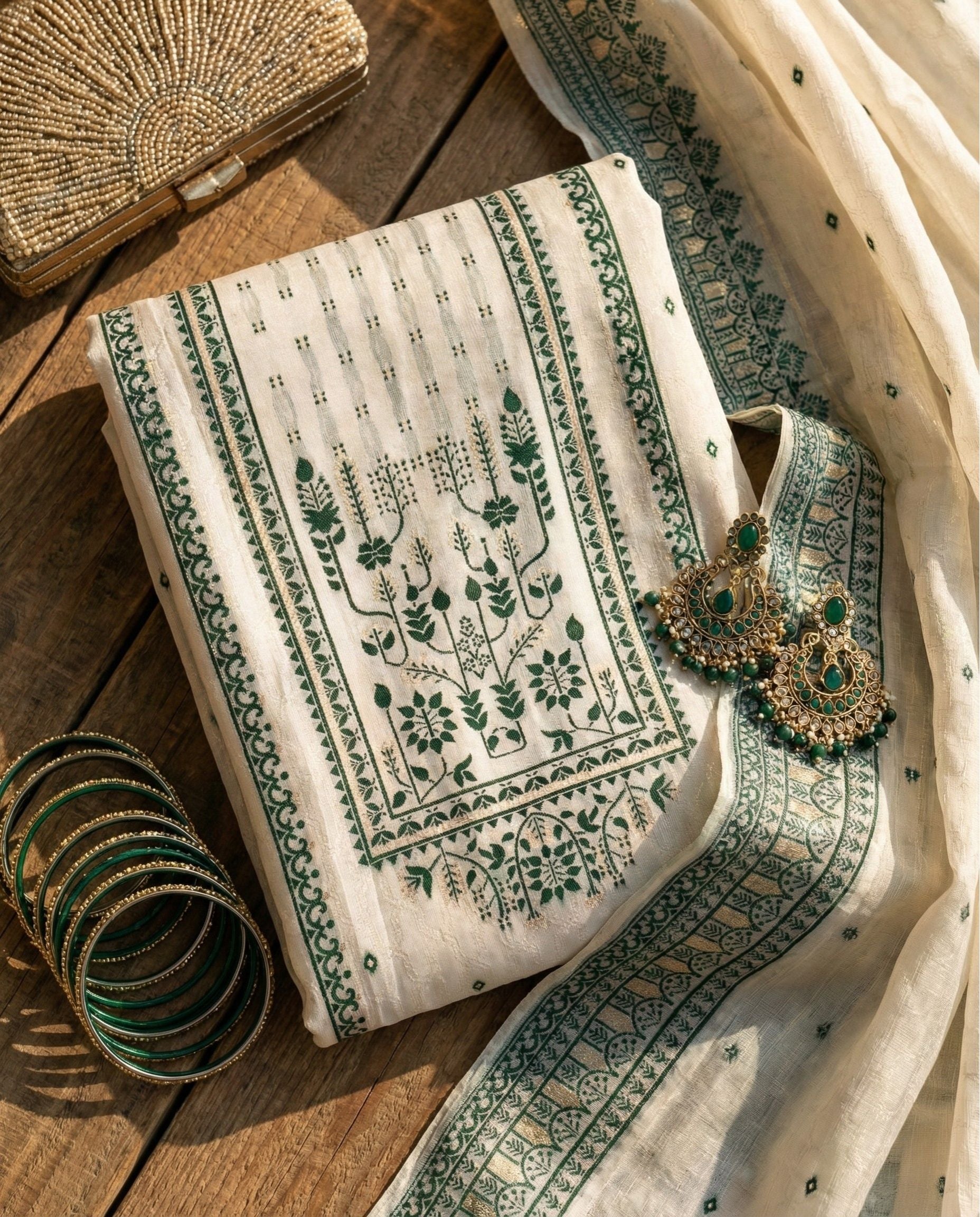 Ivory Sage Cotton Jacquard Zari Unstitched Suit Set Heritage Grace