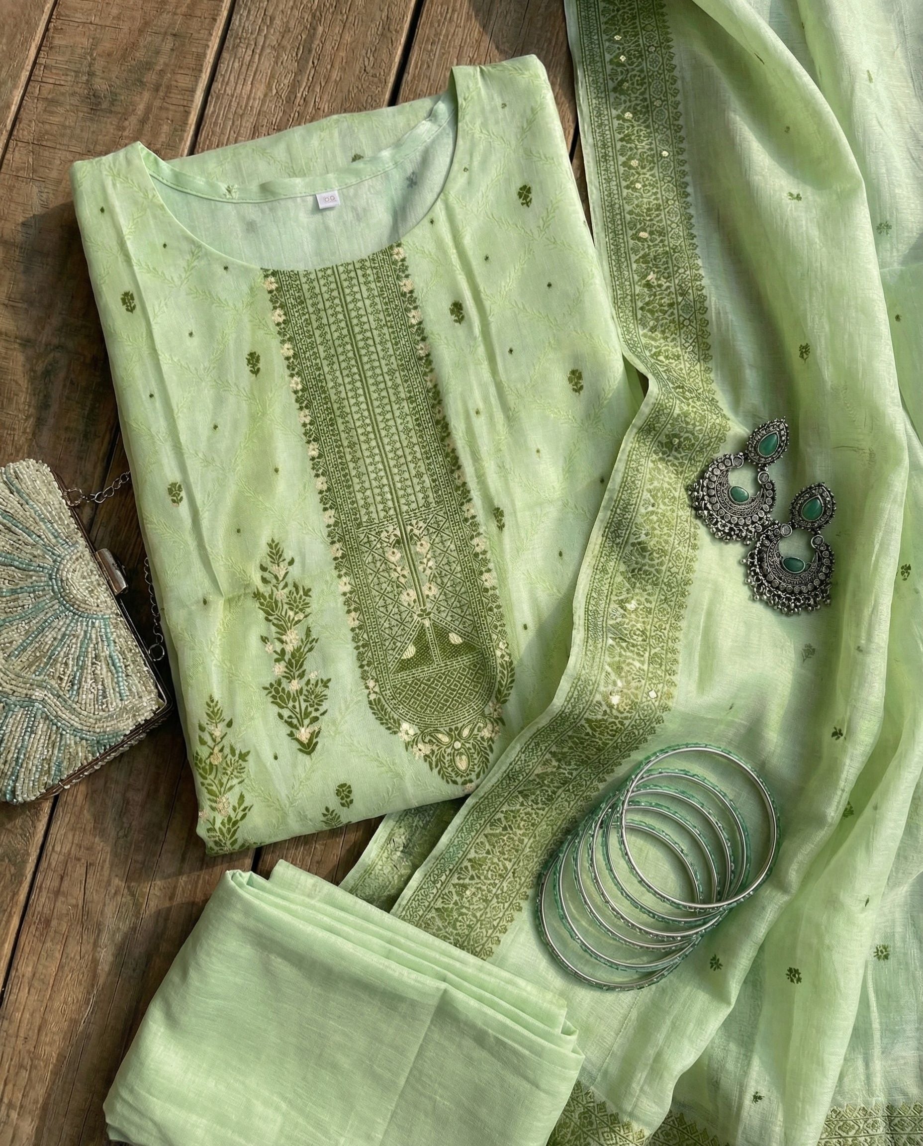 Pastel Mint Olive Cotton Jacquard Zari Unstitched Suit Set Serenity