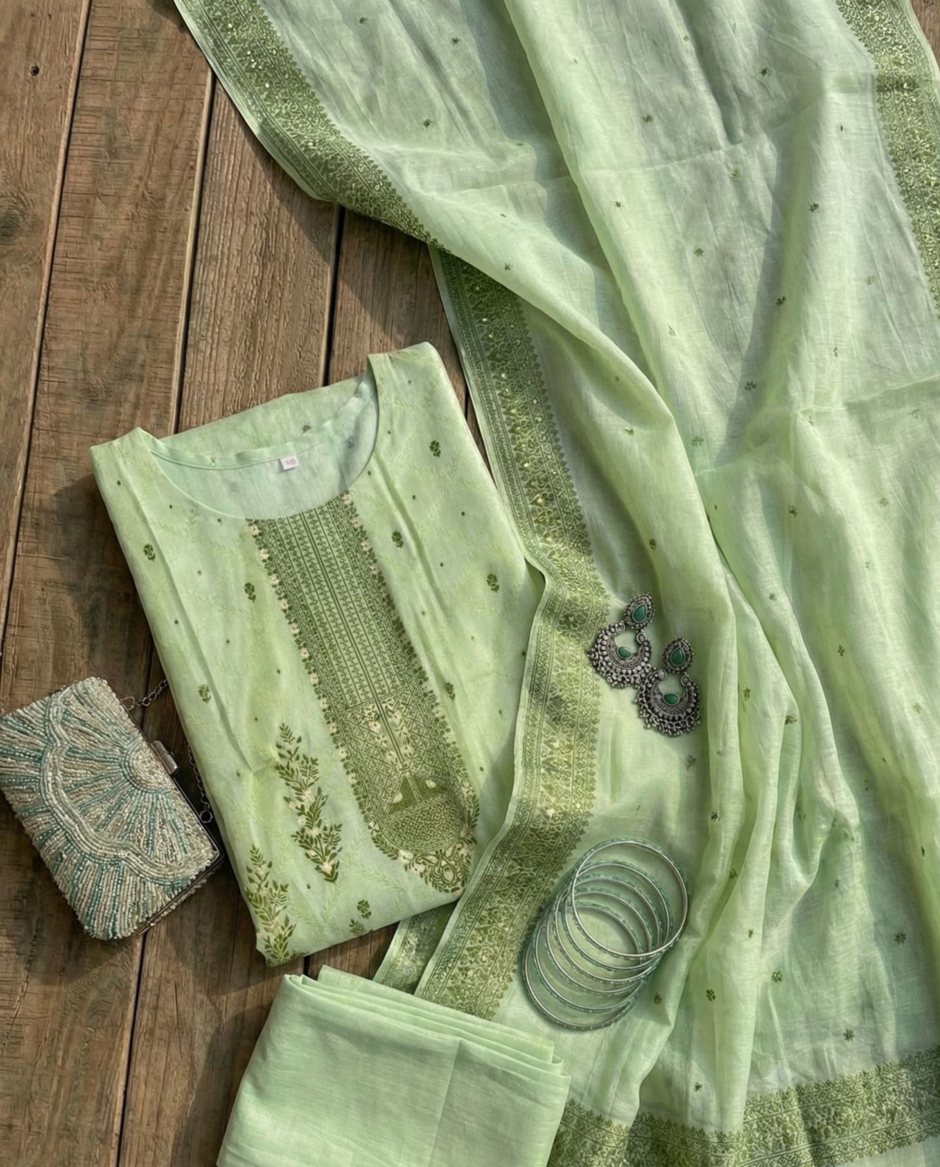 Pastel Mint Olive Cotton Jacquard Zari Unstitched Suit Set Serenity