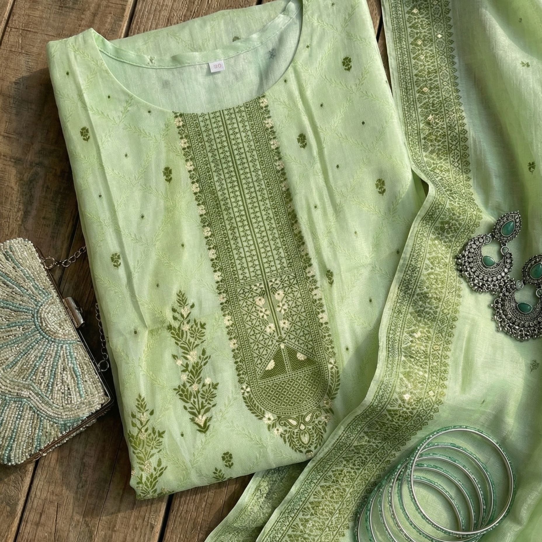 Pastel Mint Olive Cotton Jacquard Zari Unstitched Suit Set Serenity