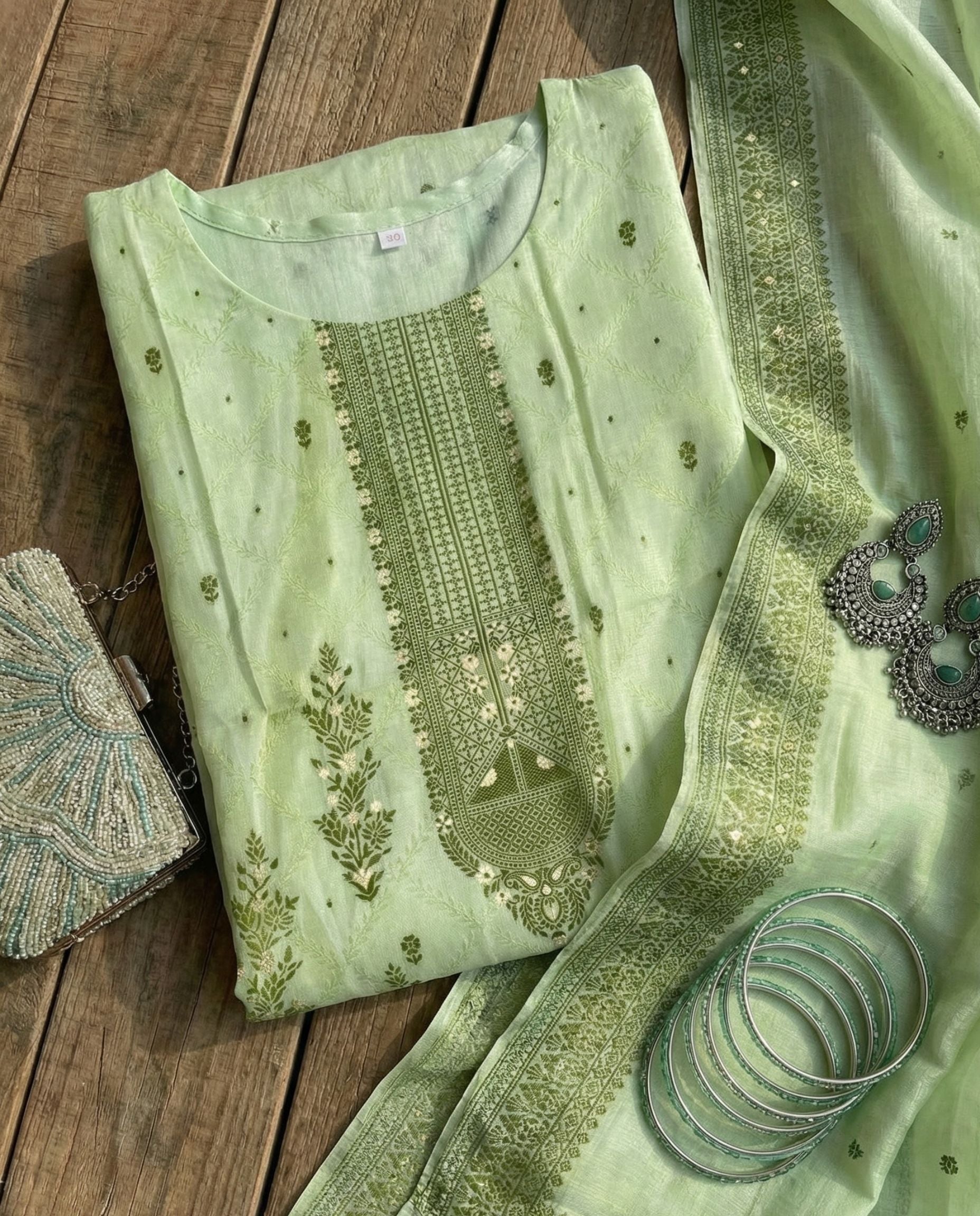 Pastel Mint Olive Cotton Jacquard Zari Unstitched Suit Set Serenity