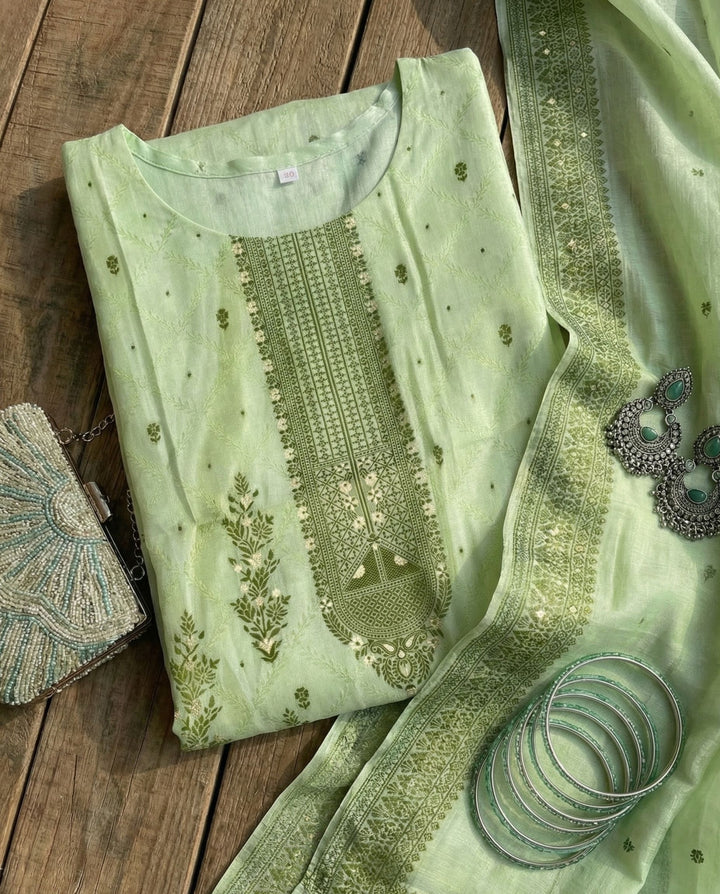 Pastel Mint Olive Cotton Jacquard Zari Unstitched Suit Set Serenity