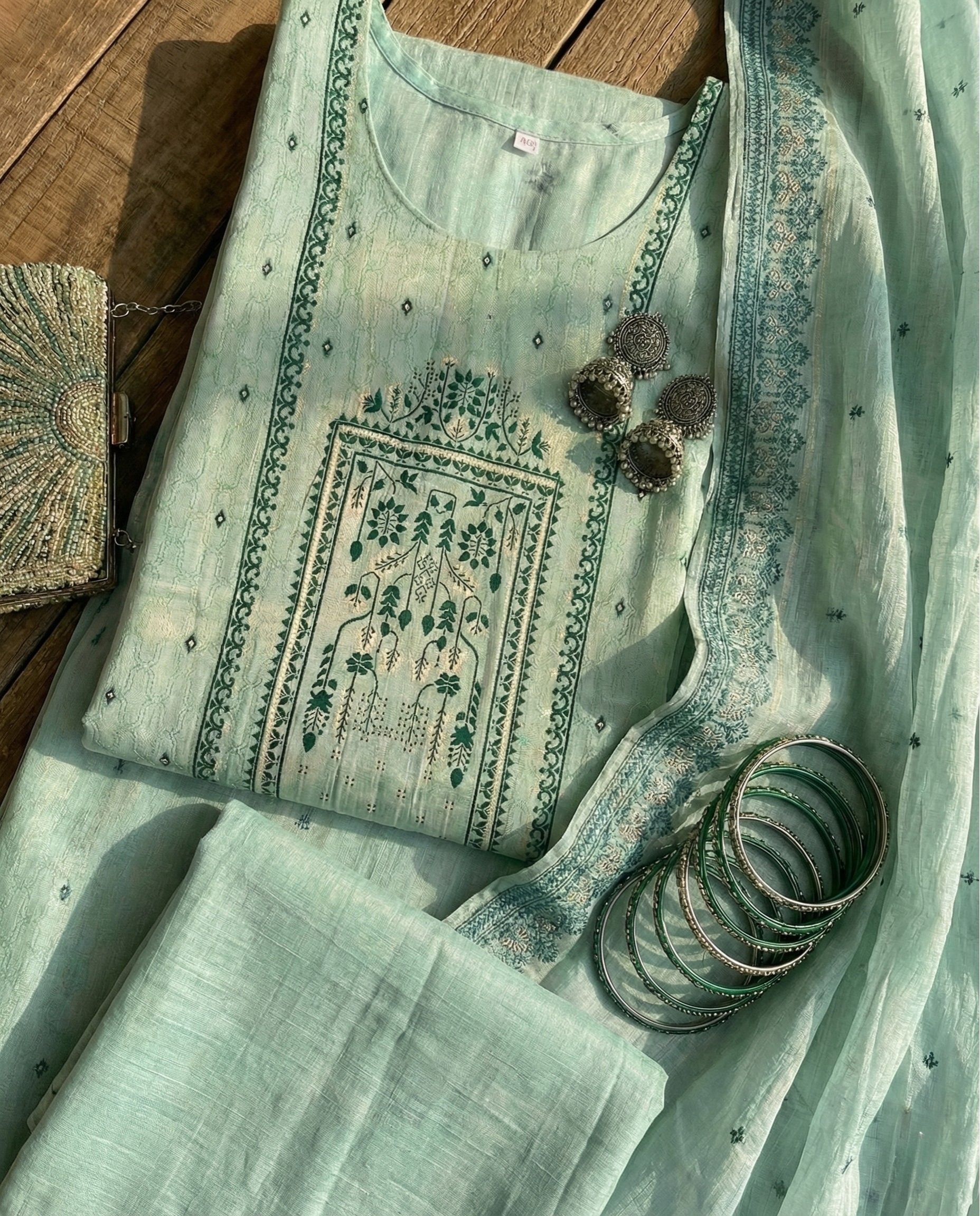 Mint Dew + Forest Weave Cotton Jacquard Zari Unstitched Suit Set Heirloom