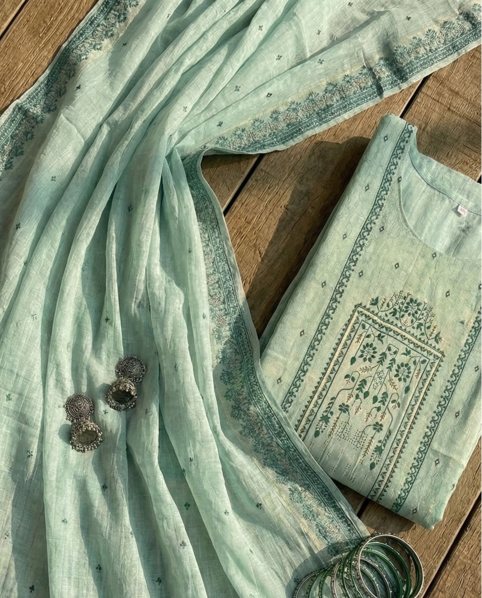 Mint Dew + Forest Weave Cotton Jacquard Zari Unstitched Suit Set Heirloom