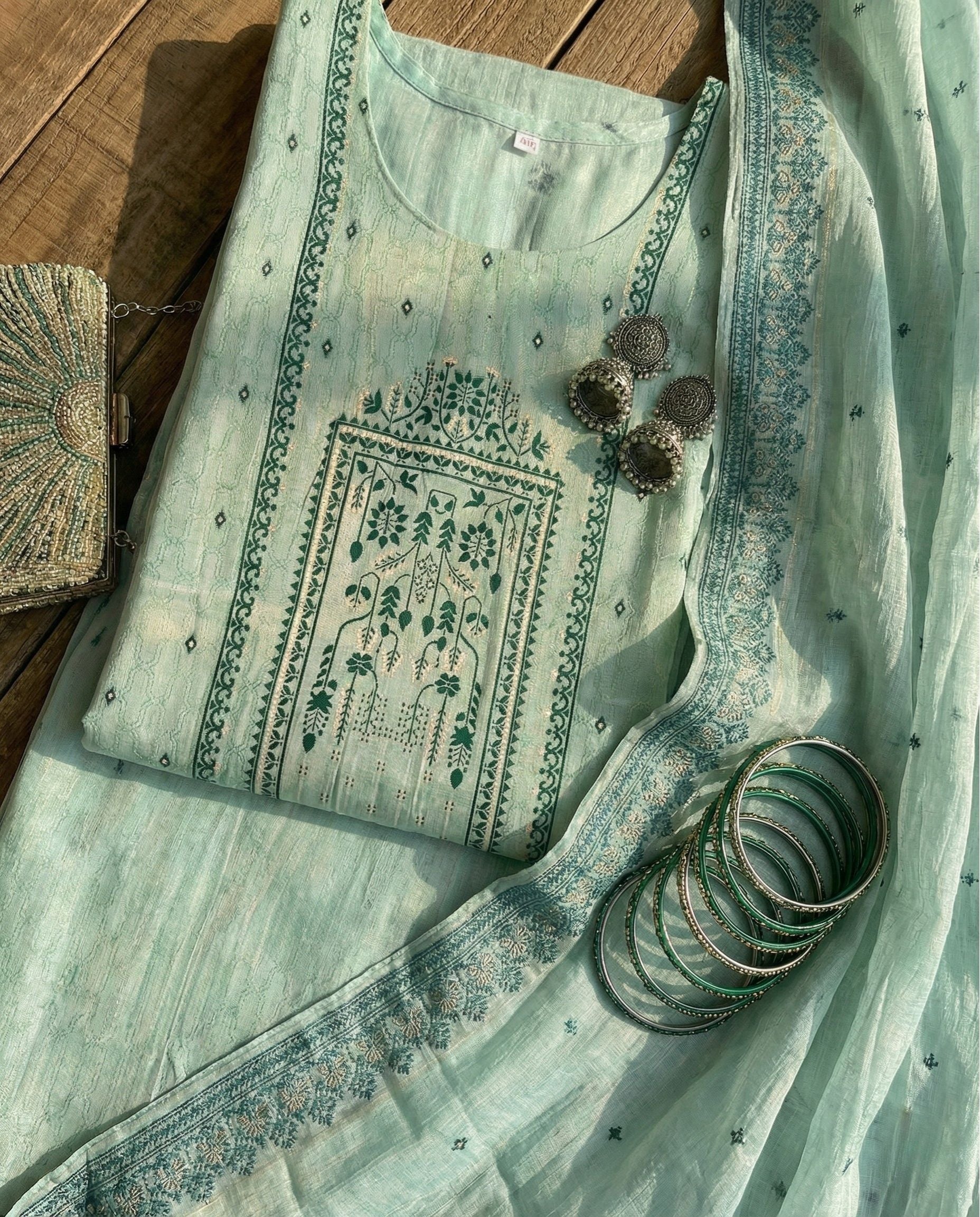 Mint Dew + Forest Weave Cotton Jacquard Zari Unstitched Suit Set Heirloom