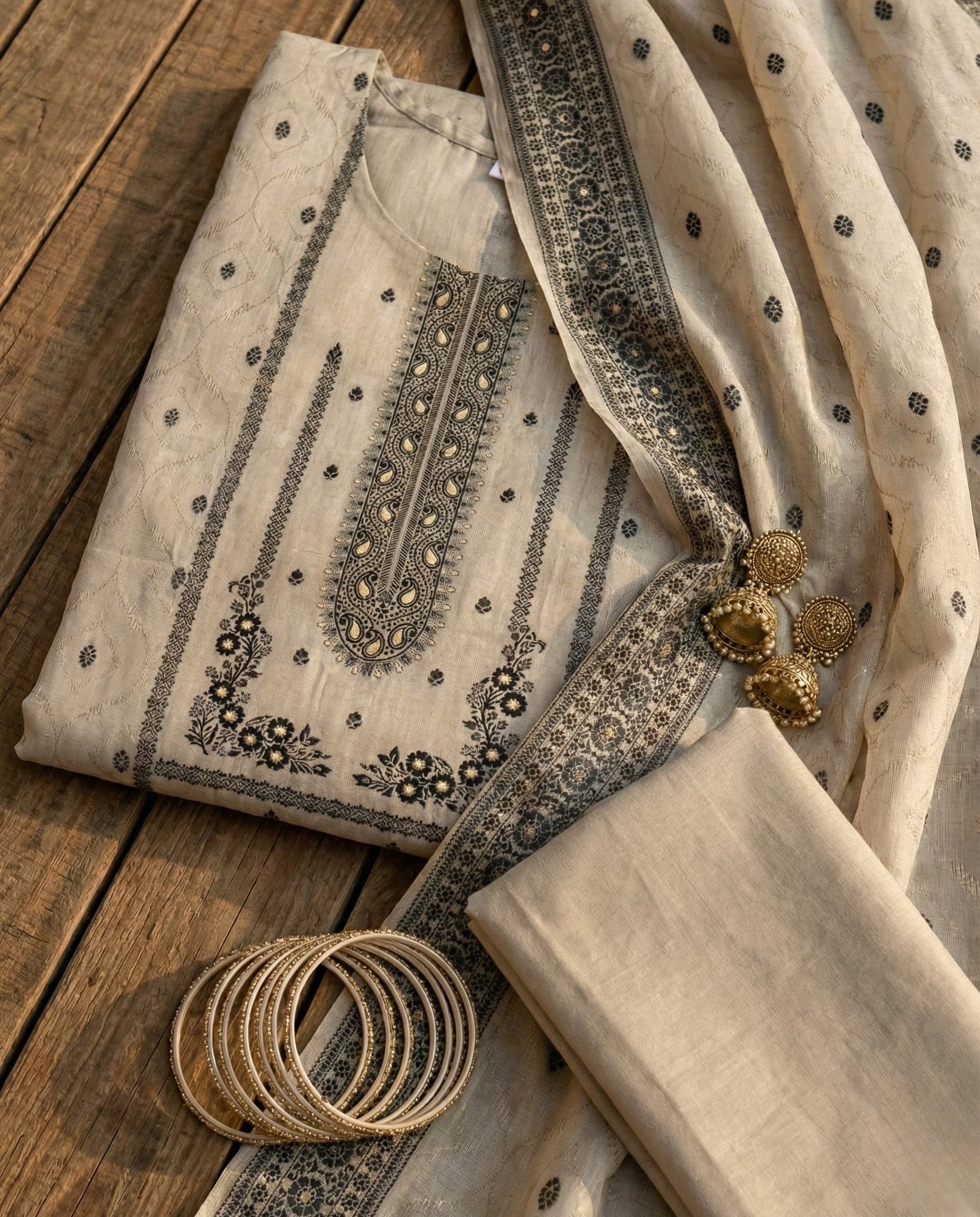 Ivory Charcoal Cotton Jacquard Zari Unstitched Suit Set Heirloom