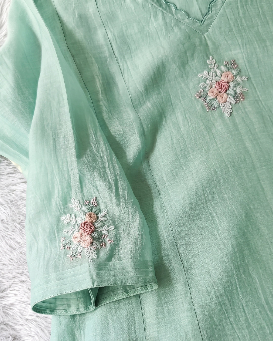Eva - Mint Floral Embroidered Unstitched Dress Material Set