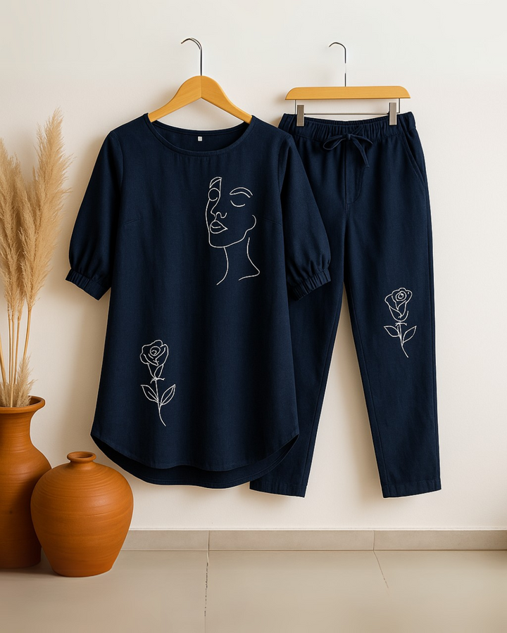 Face Floral - Blue Cotton Slub Co-ord Set