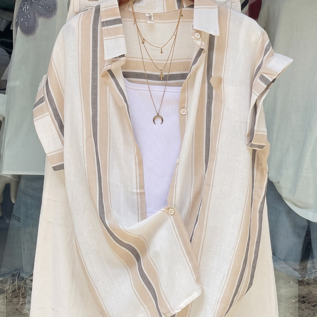 Kriva - Beige Stripe Summer Shirt Co-ord Set