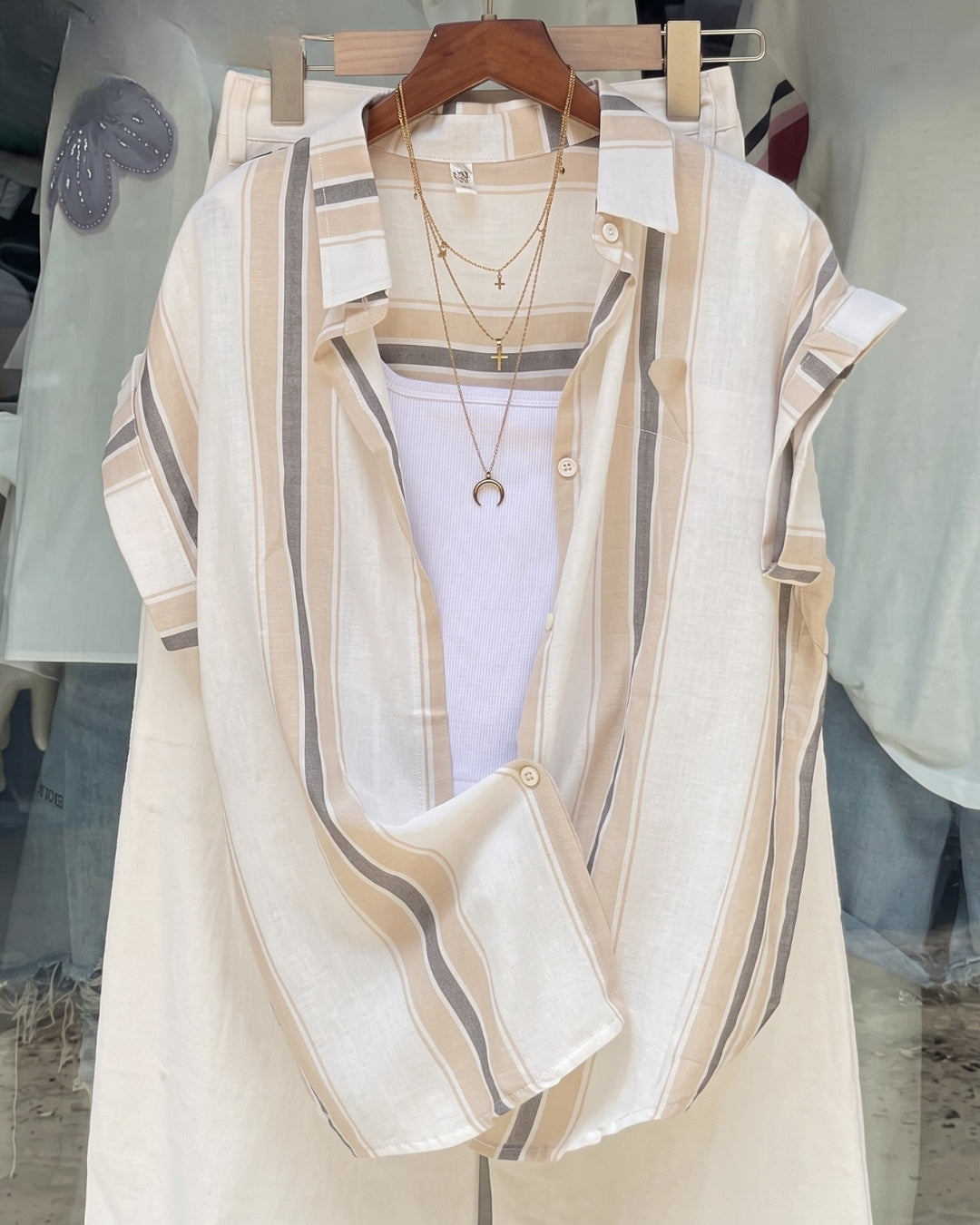 Kriva - Beige Stripe Summer Shirt Co-ord Set