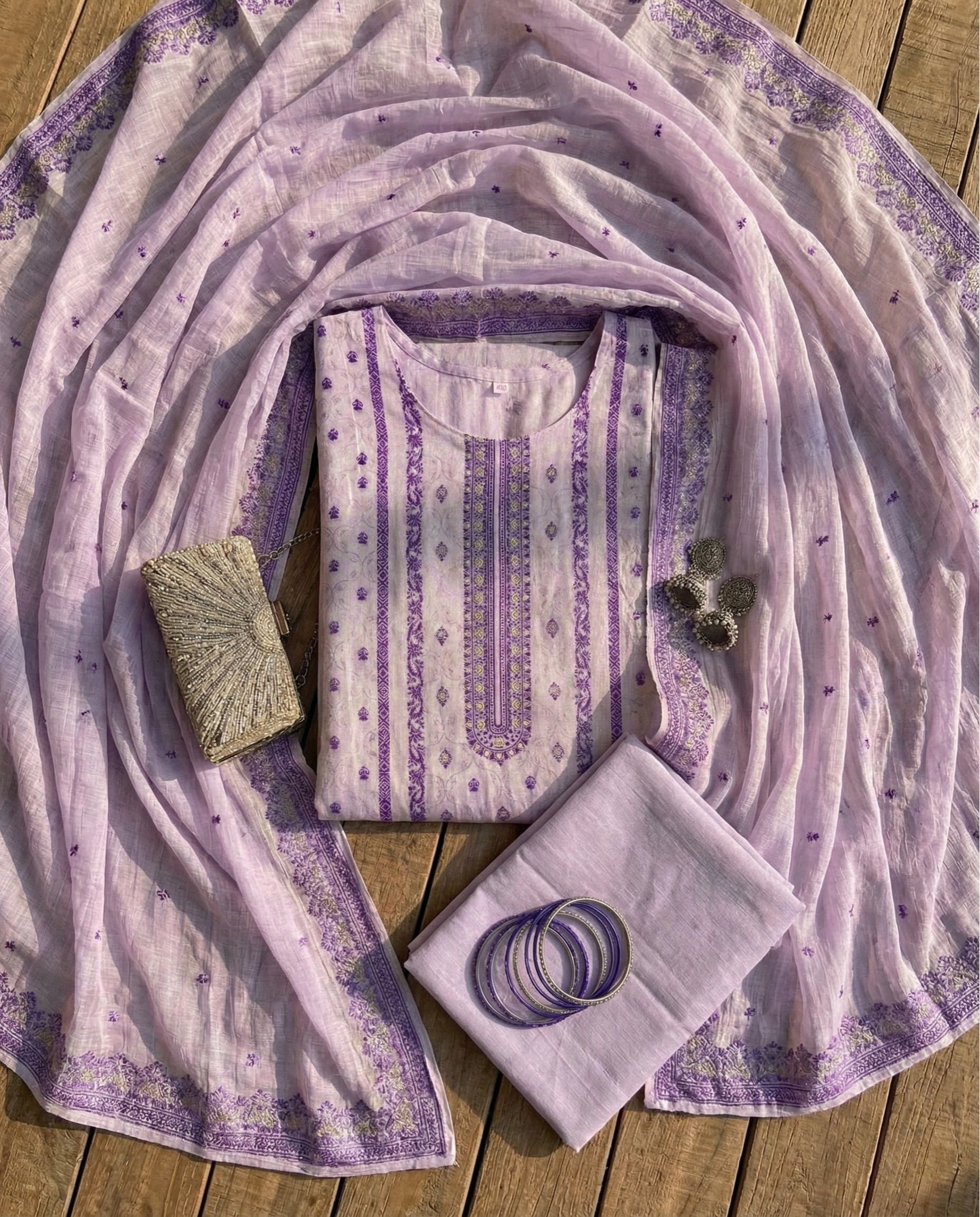Ivory Amethyst Cotton Jacquard Zari Unstitched Suit Set Heirloom