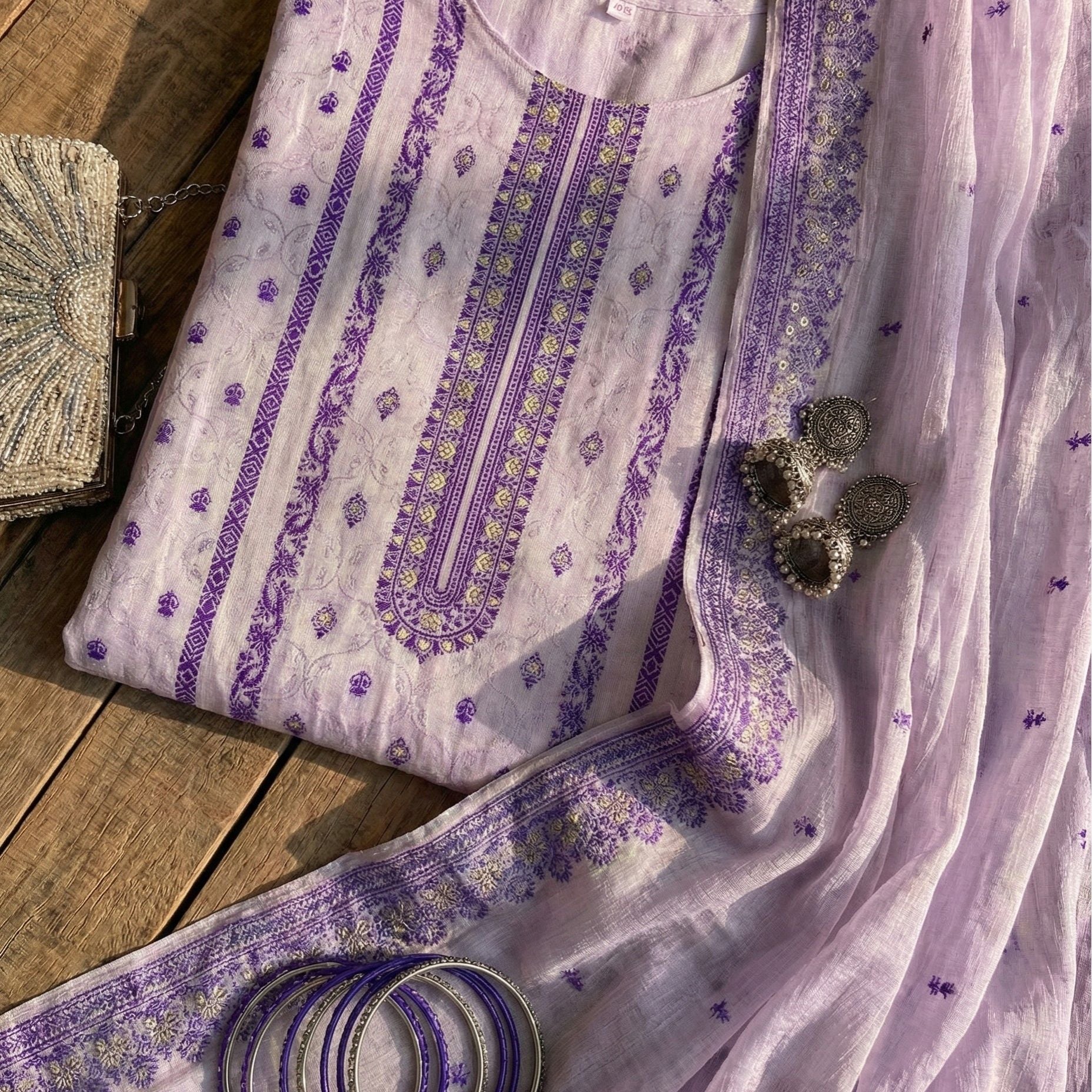 Ivory Amethyst Cotton Jacquard Zari Unstitched Suit Set Heirloom