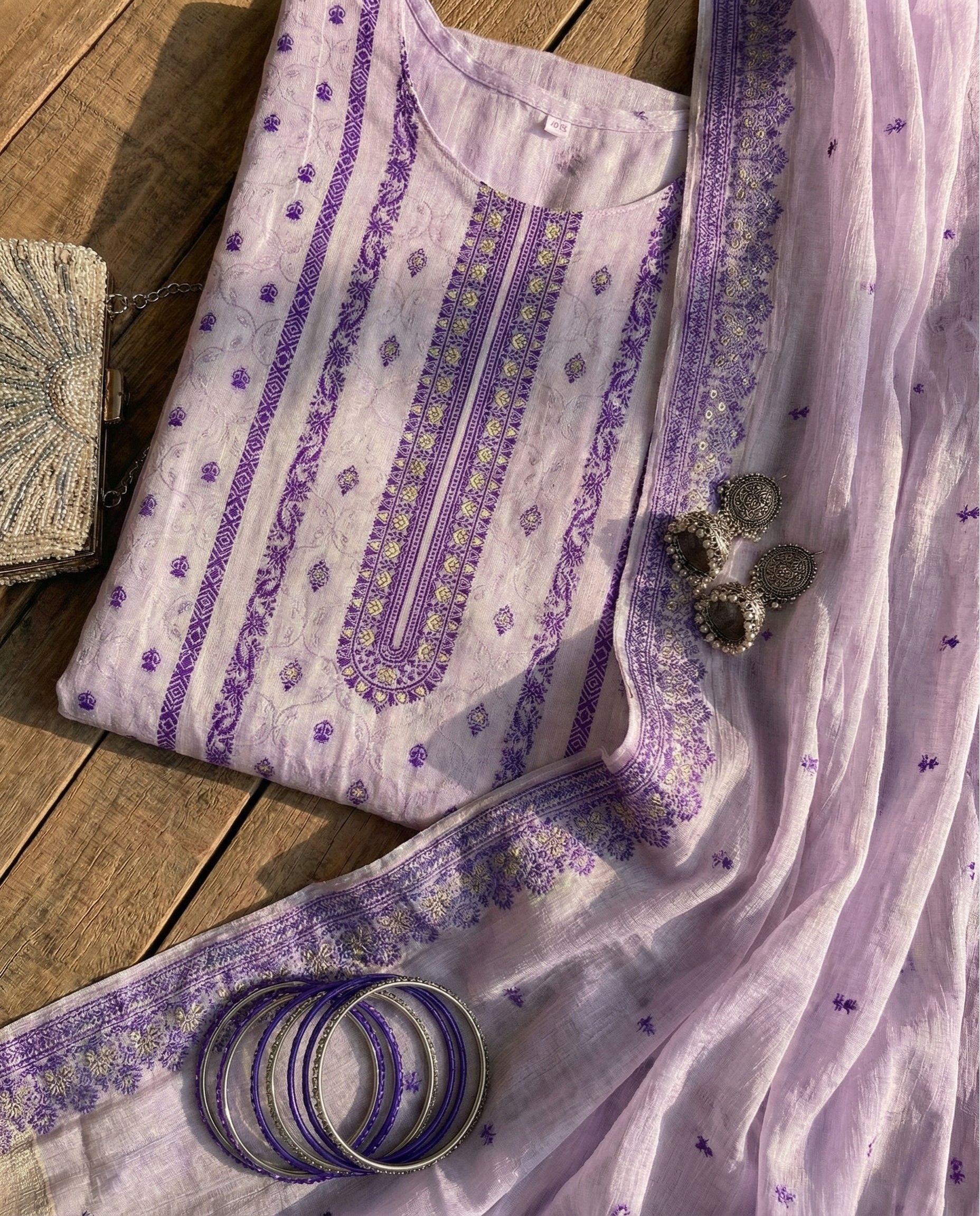 Ivory Amethyst Cotton Jacquard Zari Unstitched Suit Set Heirloom