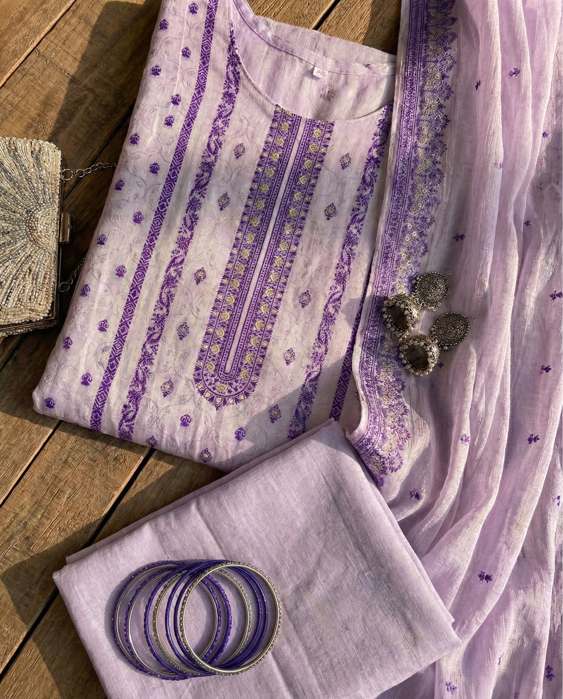 Ivory Amethyst Cotton Jacquard Zari Unstitched Suit Set Heirloom