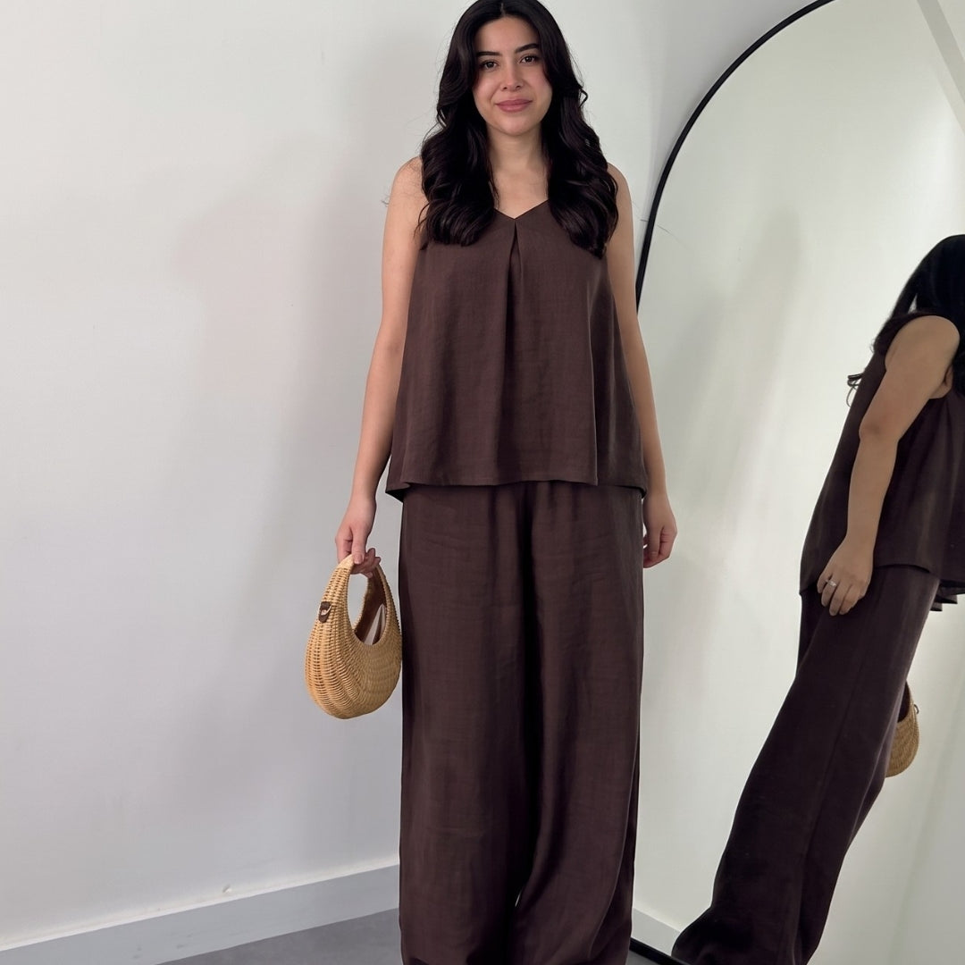 Nyra -Dark Chocolate Linen Lounge Co-Ord Set
