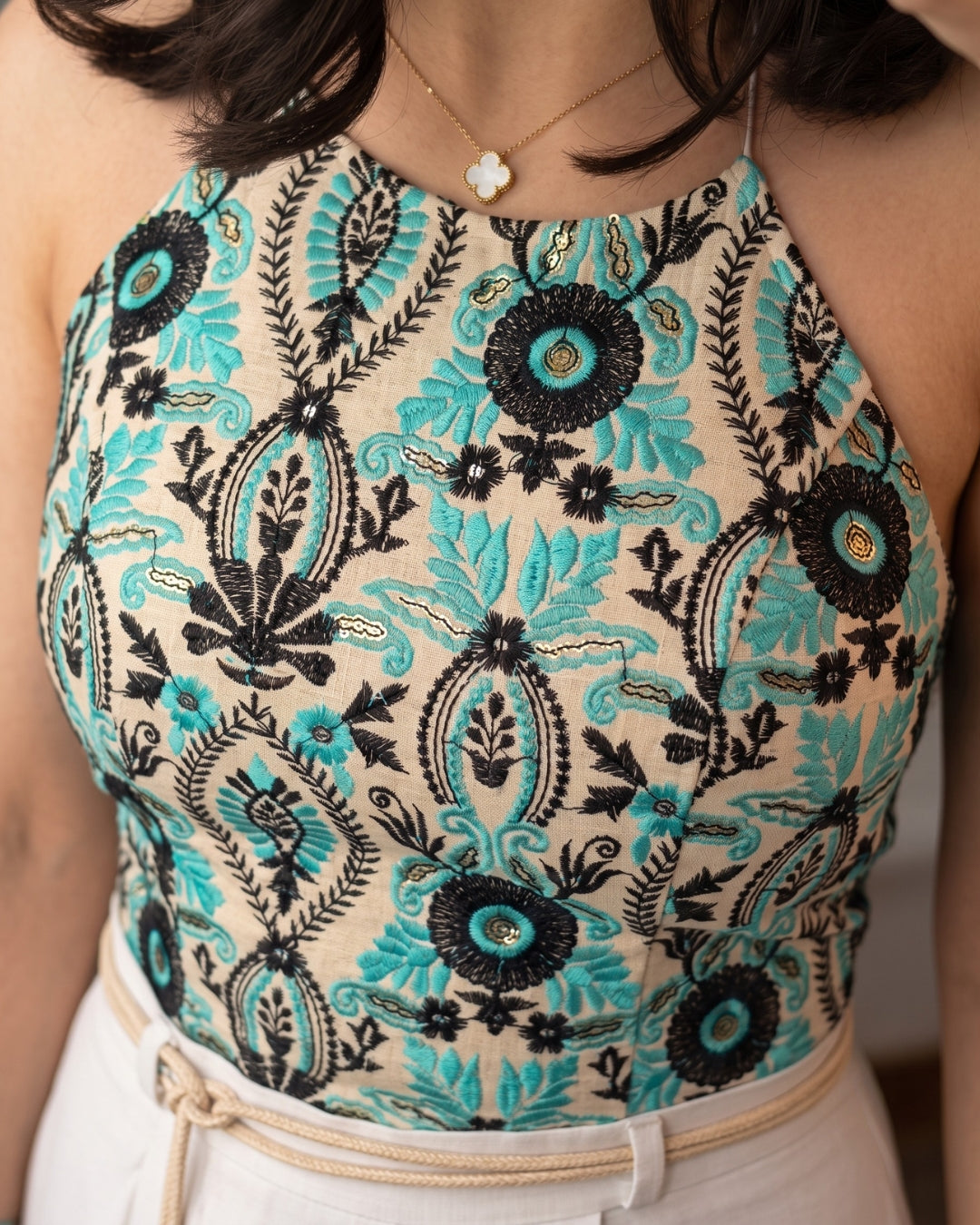 Arlina - Aqua Floral Embroidered Halter Neck Top