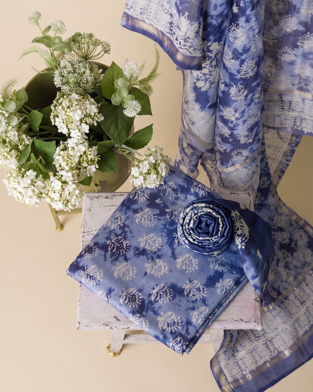 Kiona - Dark Blue Azure Floral Printed Unstitched Suit Set