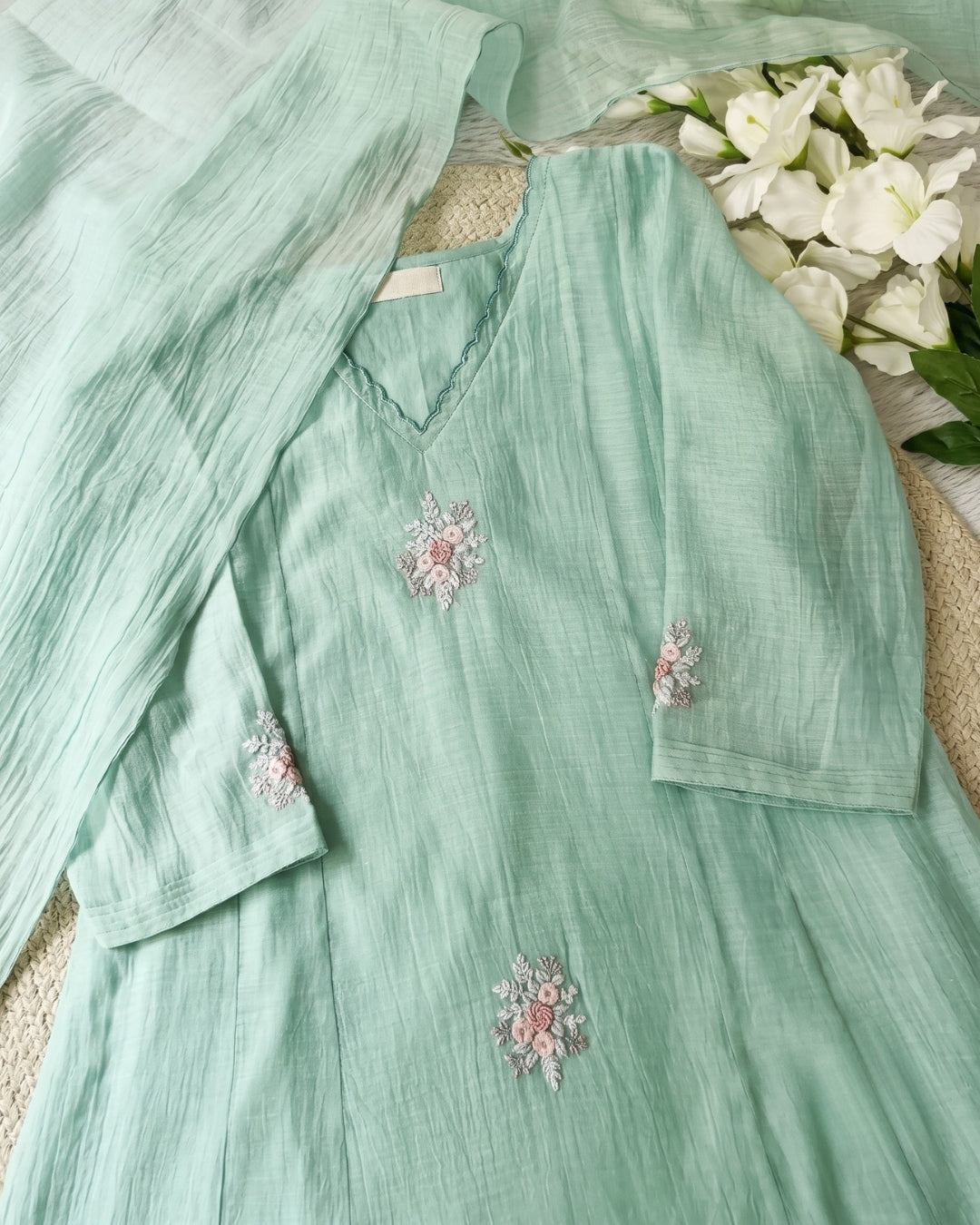 Eva - Mint Floral Embroidered Unstitched Dress Material Set