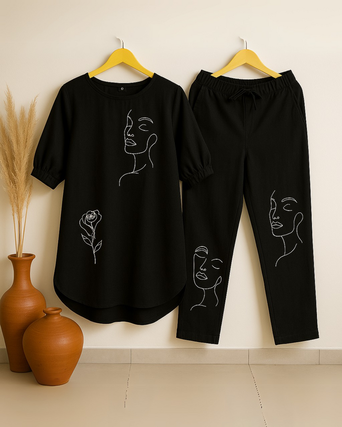 Face Floral - Black Cotton Slub Co-ord Set