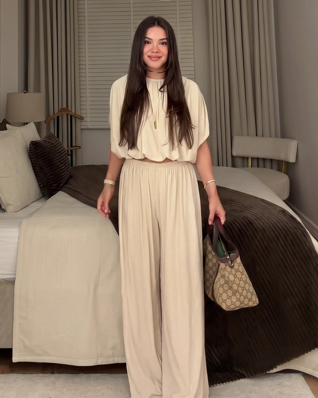 Elina - Cream Modern Minimalist Pleated Co-Ord Set