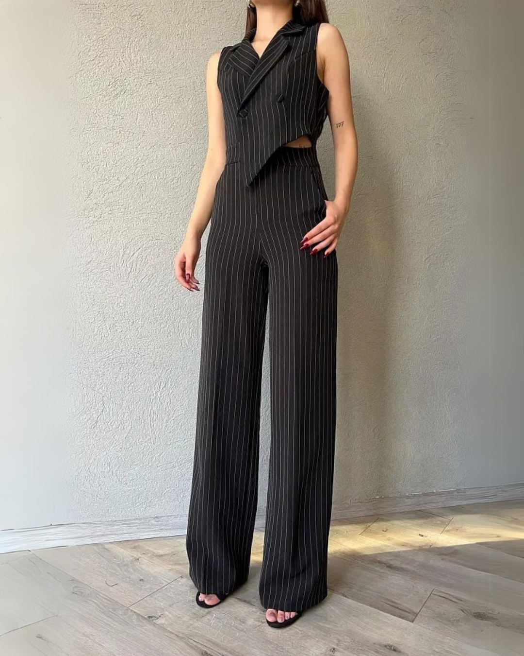 Aarna Black Pinstripe Co-ord Set | Sleeveless Blazer & Pants for Women